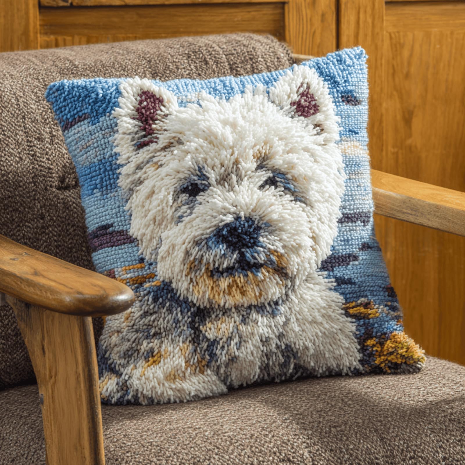 kitphoenix Latch Hook Cushion Kit for Adults West High White Ground Terrier
