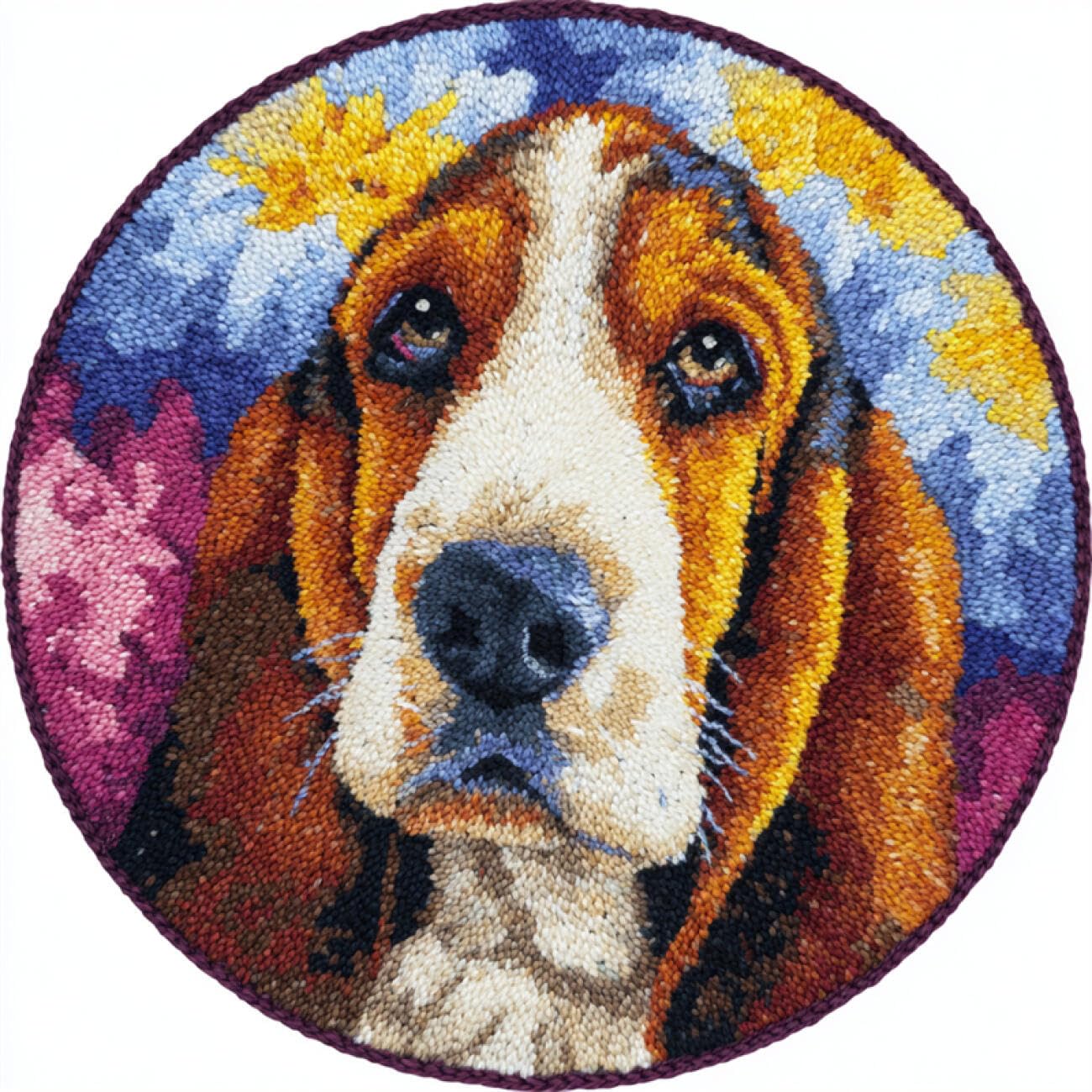 Kitquiver Dog Animal Latch Hook Kits Basset Hounds and Flowers DIY Rug，Home Carpet Making Canvas Crochet Kits Needlework Crafts,Beginners Adults 80x80cm