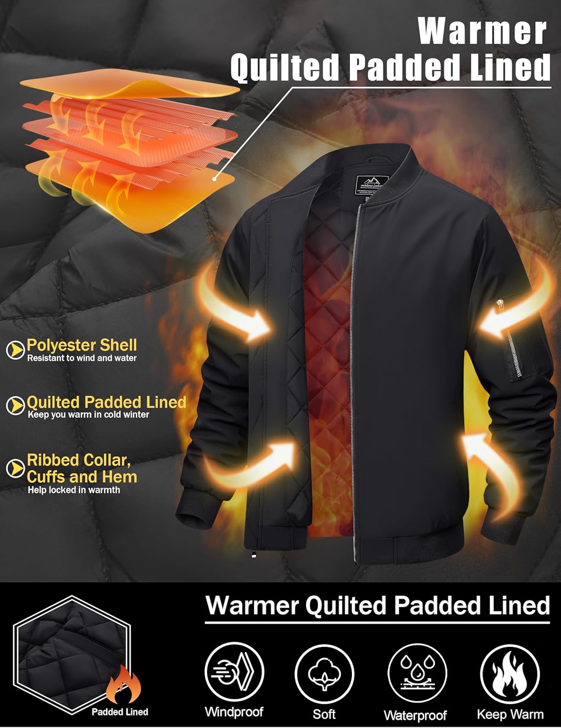 Cotrasen Mens Bomber Jacket Fall Winter Warm Windbreaker Casual Full Zip Padded Coats with Pockets - Image 5