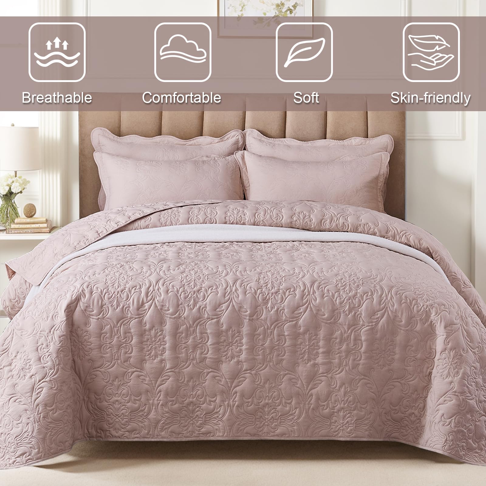OKYUK 3-Piece Queen Quilt Set Quilted Bedspread Oversized Microfiber Lightweight Coverlet Set including Shams Reversible Printed Coverlet Bedding Set for All Season,220x240cm (Light Bean Sand - Image 3