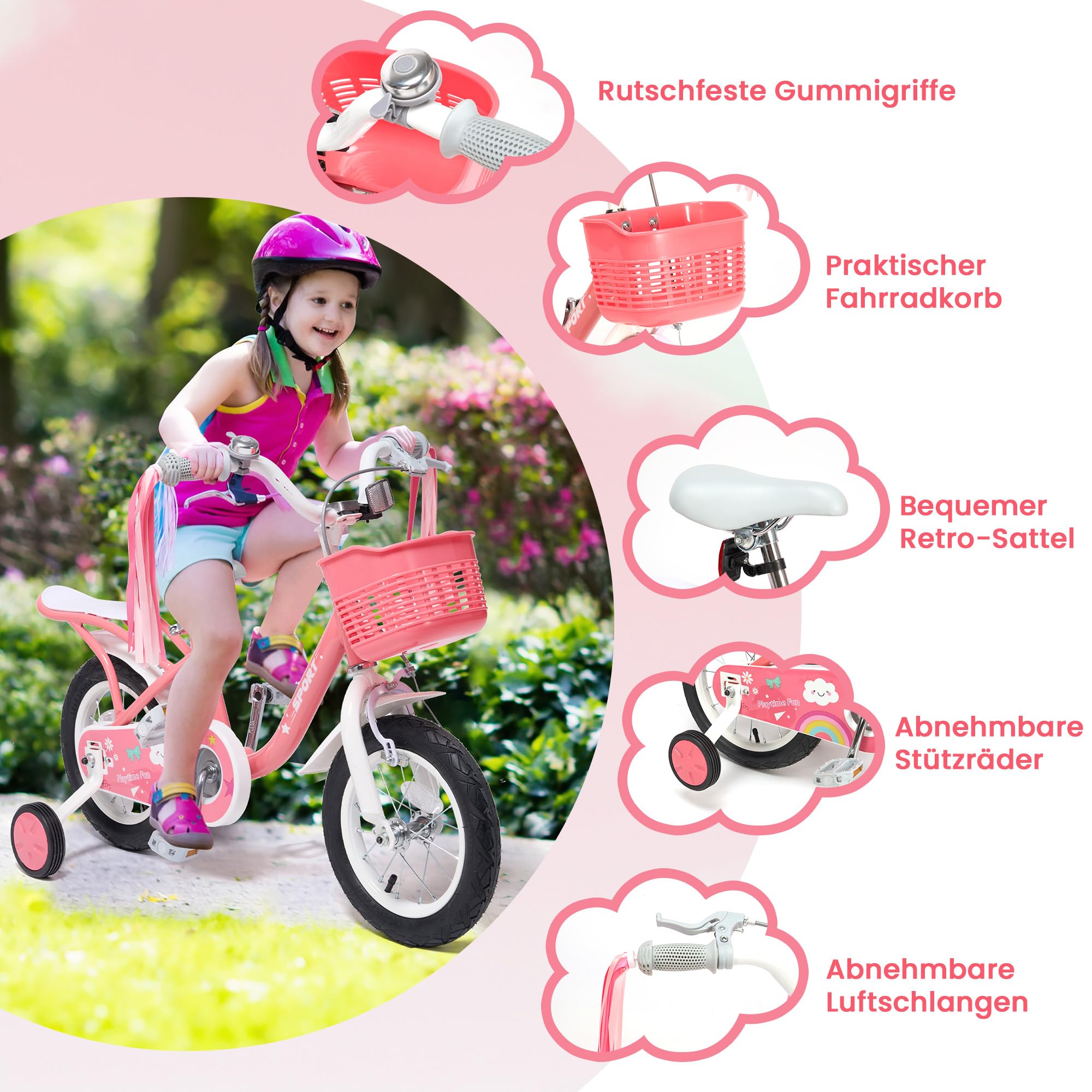 BODIOO Kinderfahrrad 12/14 Zoll Fahrrad für Mädchenmit und Jungen Stützrädern & verstellbarem Sattelfür Spielrad mit Korb & Klingel Fahrer von 94 bis 107 cm-Rosa