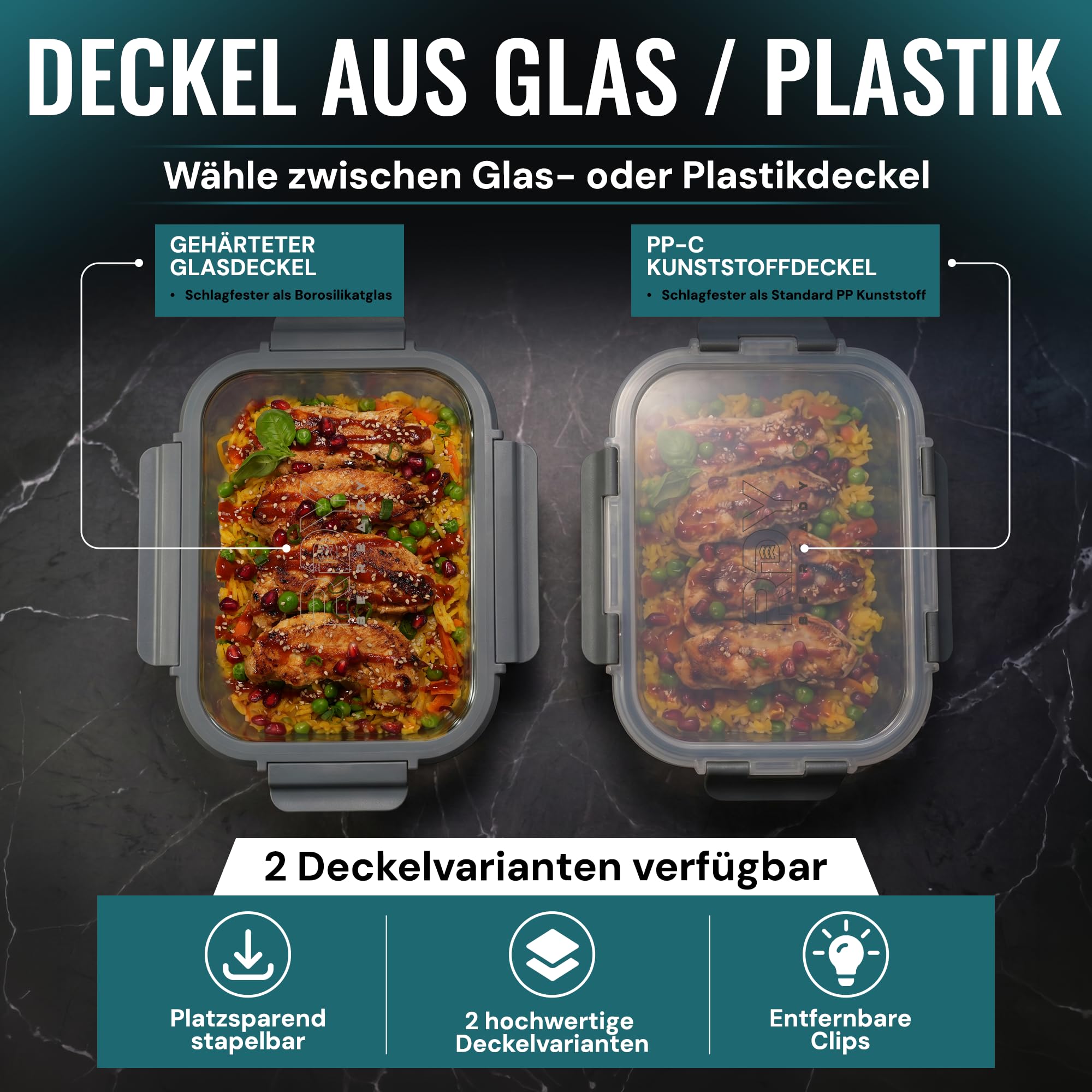 RDY® Meal Prep Set di 5 scatole in vetro ermetiche da 1500 ml, per forno a microonde, forno, congelatore, contenitori salvafreschezza con coperchio, senza BPA, lavabili in lavastoviglie