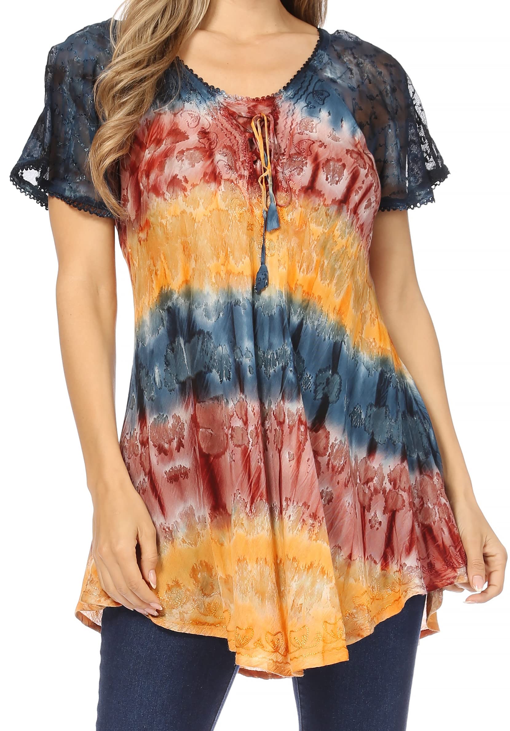 Sakkas Monet Long Tall Tie Dye Ombre Casquette brodée à Manches Blouse Shirt Top