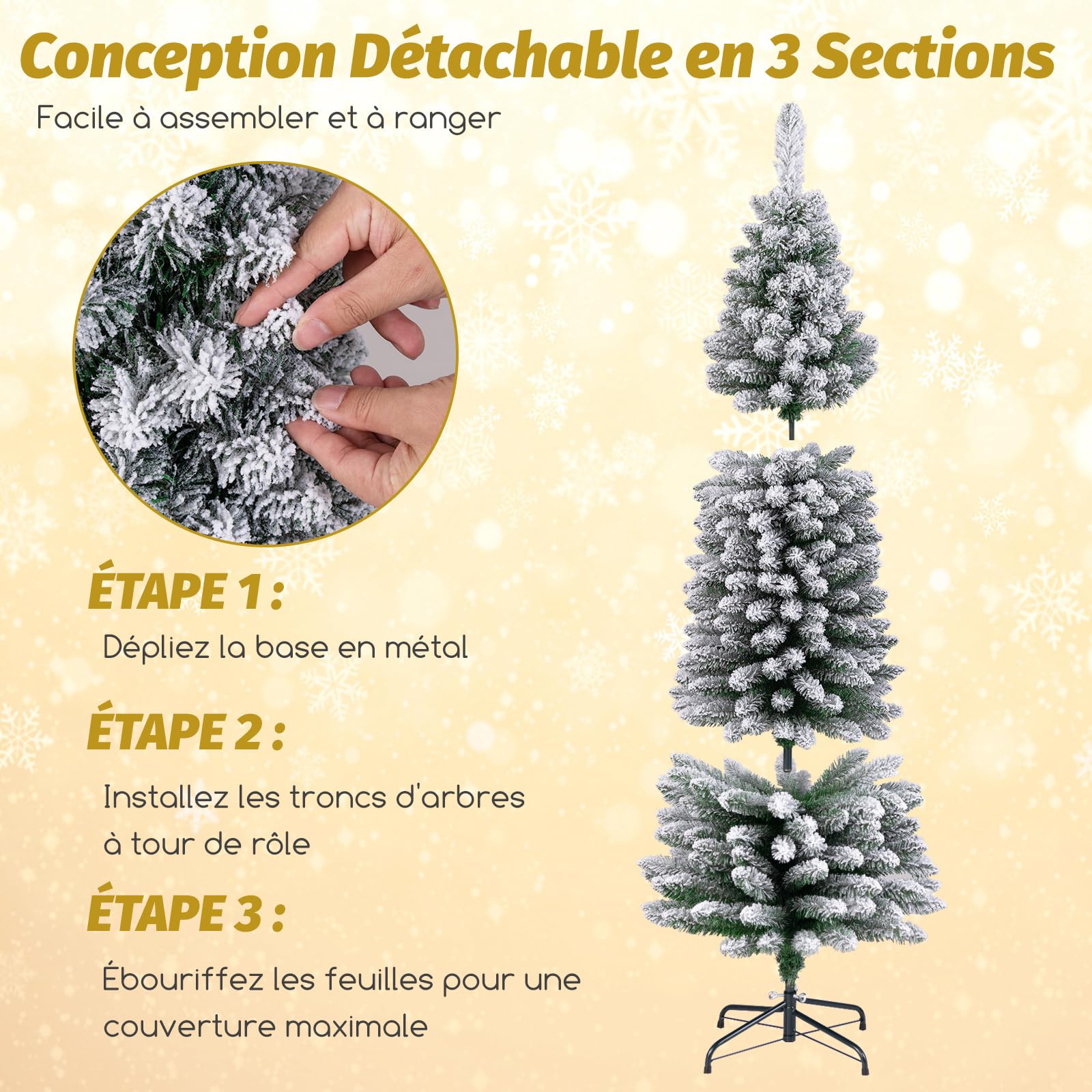 GYMAX Sapin de Noël Artificiel 180cm Mince Mignone, 460 Branches Blanches Floquées de Neige en PVC, Installation Facile en 3 Sections, Support en Métal, pour Maison, Bureau et Hôtel