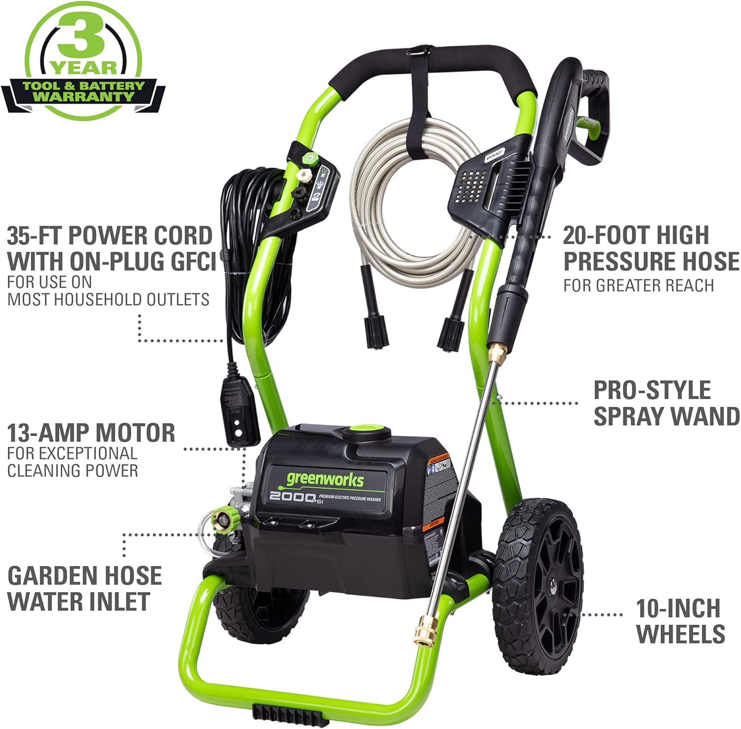 Greenworks 2000 Max PSI @ 1.1 GPM (13 Amp) Electric Pressure Washer GPW2000-1RG + Surface Cleaner Universal Attachment 30012