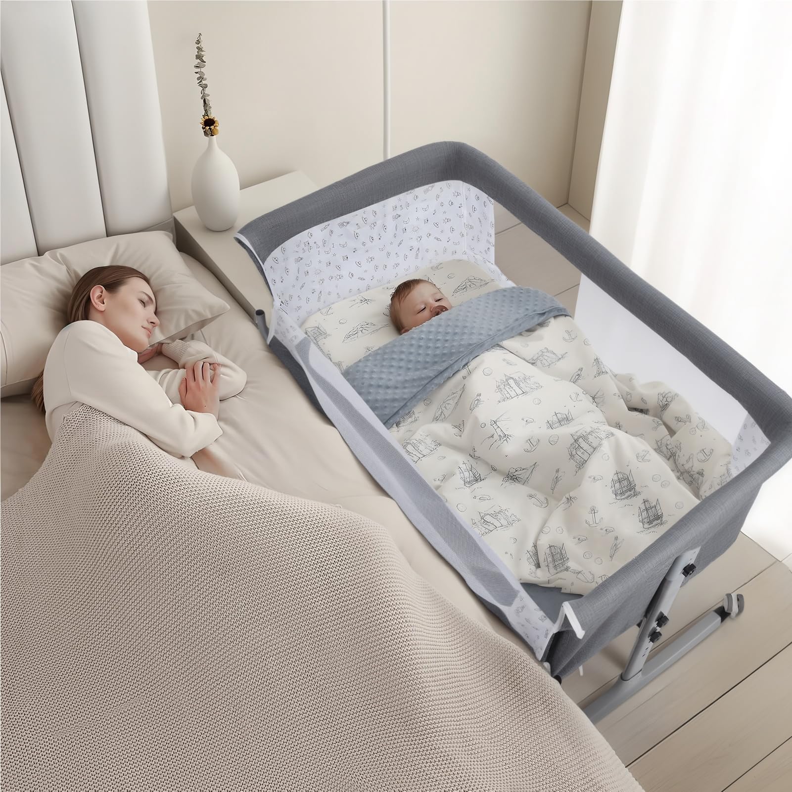 Berceau Cododo Bébé Évolutif avec Moustiquaire, Lit Bébé Réglable en Hauteur et Bascule, Couffin avec Support et Roues Verrouillables – Gris