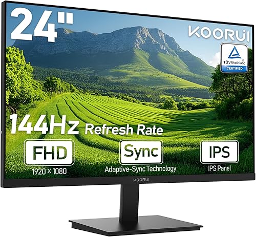 KOORUI E2411K 24" FHD IPS PC Monitor, 144Hz Adaptive Sync, Eye Care, Tilt Adjustable, HDMI & VGA, VESA Mount, Ideal for Home Office, Streaming and Casual Gaming