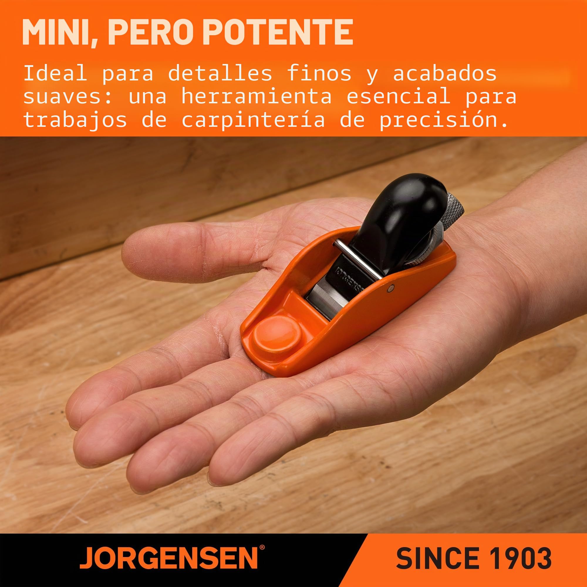JORGENSEN Mini Cepillo de Carpintero, Mini Cepillo Manual para Trabajos de Madera de Precisión, Ideal para Recortar, Pulir y Cepillar, con Hoja Ajustable, para Trabajos en Madera