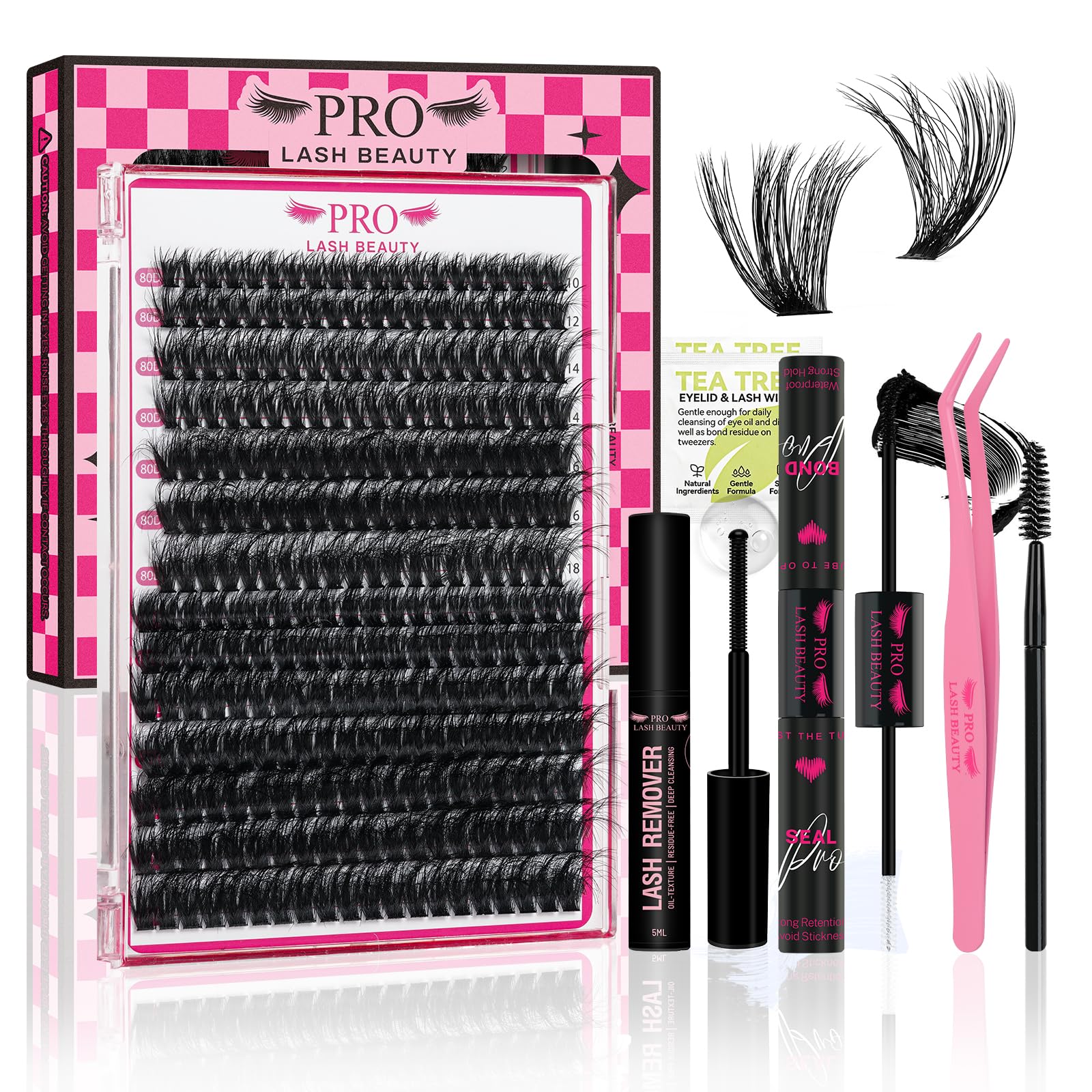 PRO Kit pestañas pelo a pelo Kit de extensión de pestañas DIY 3D Fluffy com 280 peças de pegamento y sellado de pestañas, removedor de pegamento de pestañas, aplicador (80D+100D-D-10-18mix Kit)