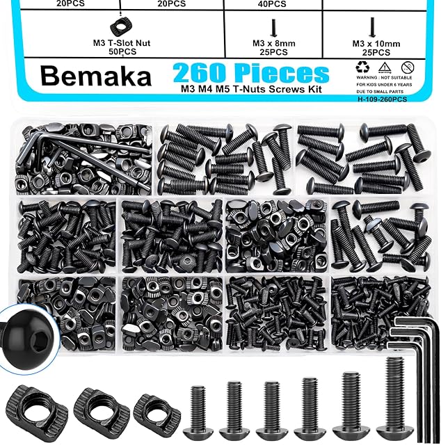 260PCS M3 M4 M5 T Slot Nut Screws Kit, T Nuts and Bolts Assortment Kit for 2020 Series Aluminum Profile, Mlok Screws Nuts Replacement