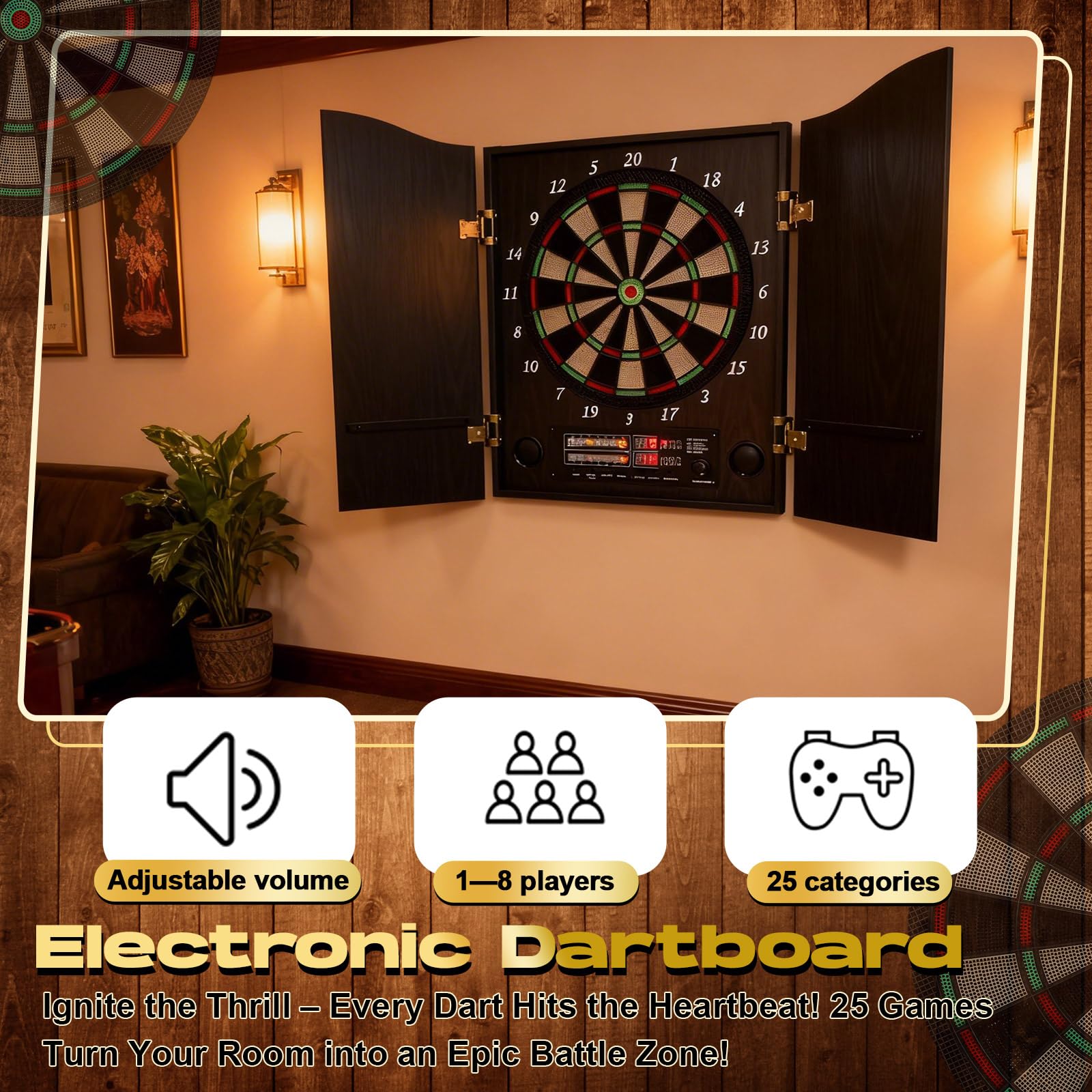 Arrowbash Elektronische Dartscheibe Schrank Set LED Elektronische Dartscheibe Holz Dartscheibe Schrank mit 8 Spielern 25 Spielen12 Soft Tip Darts 50 Ersatz für Erwachsene Familienspiel Keller Rec Room