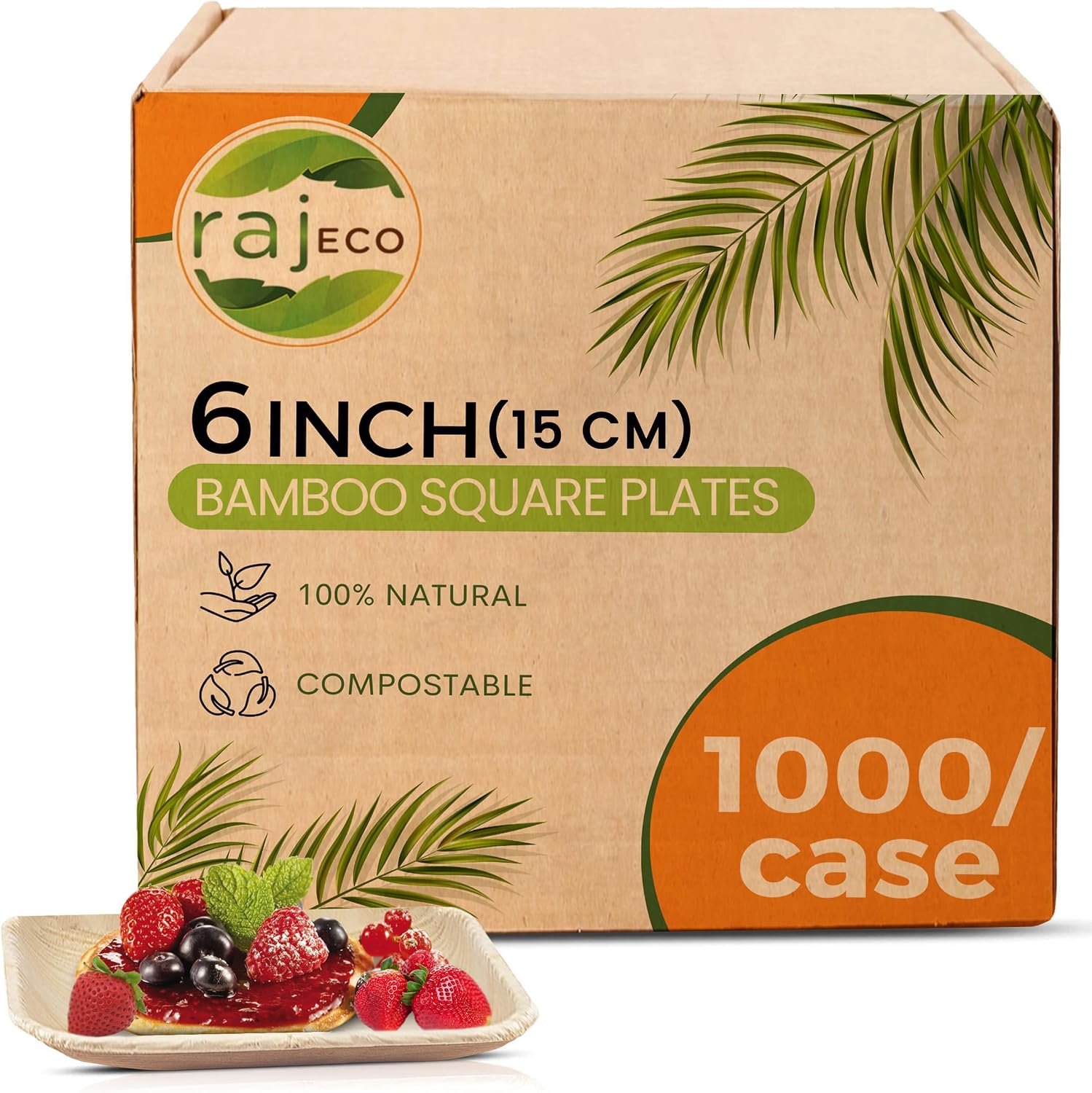 Raj Bamboo 6" Square Plates, 1000 Count (10 cases) Bulk Pack