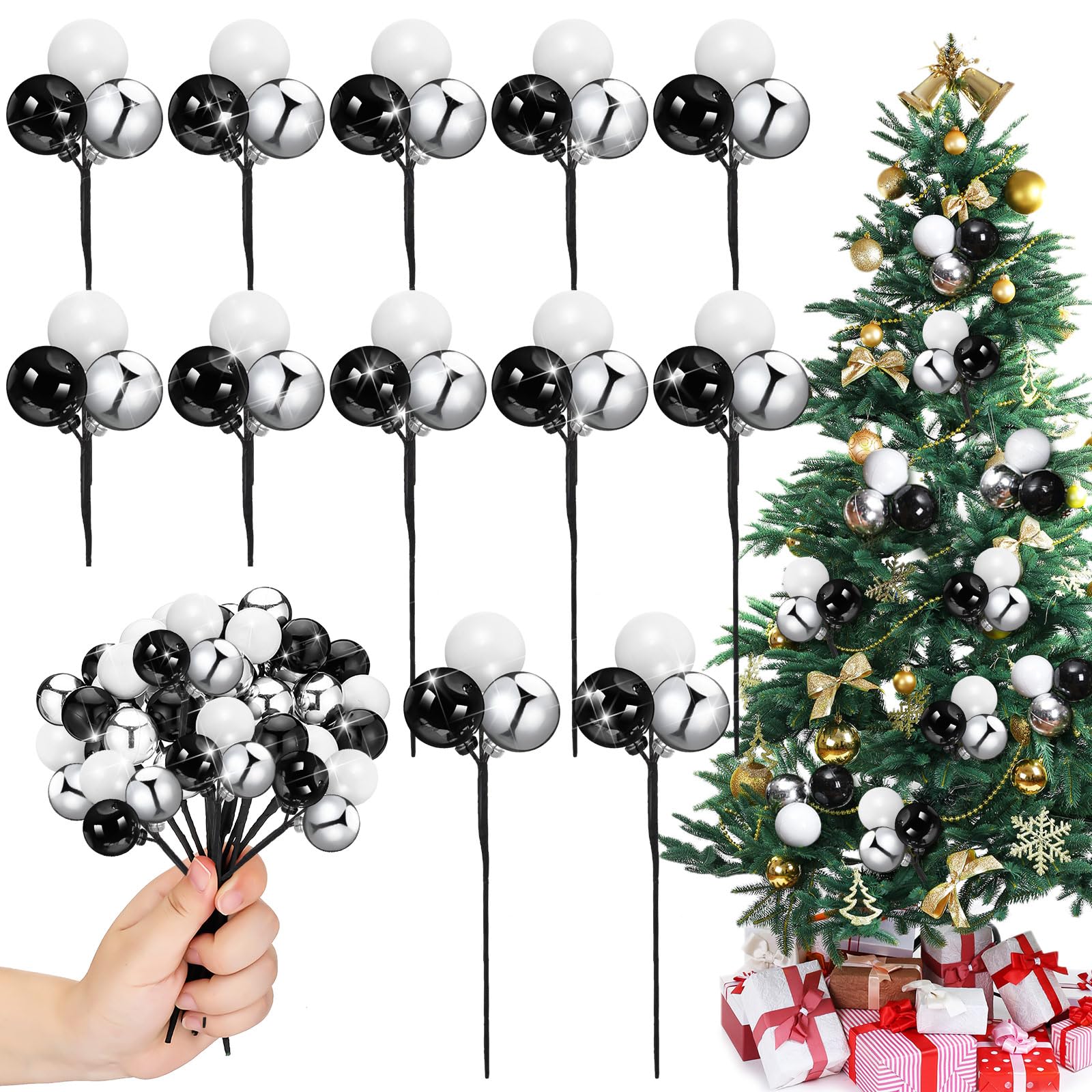 Syhood 12 Sets 7.9 Inch Christmas Ball Picks and Sprays, Silver Black White