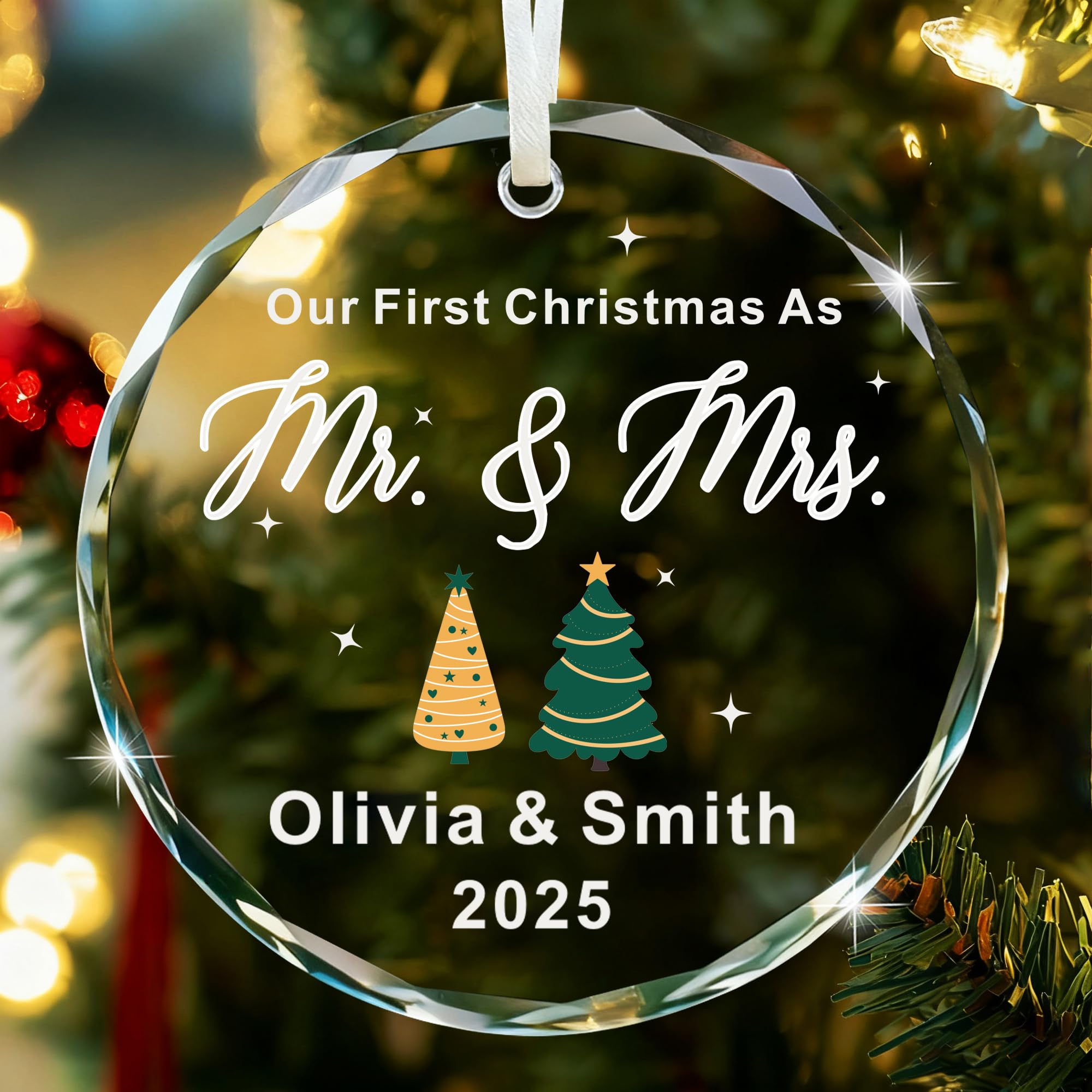 EDSG Personalised First Christmas as Mr and Mrs 2025, 1st Married Christmas Bauble, 1st Xmas Married Ornament, Acrylic Mr&Mrs Xmas Bauble Gifts for Family Couple(Design 3, Round)