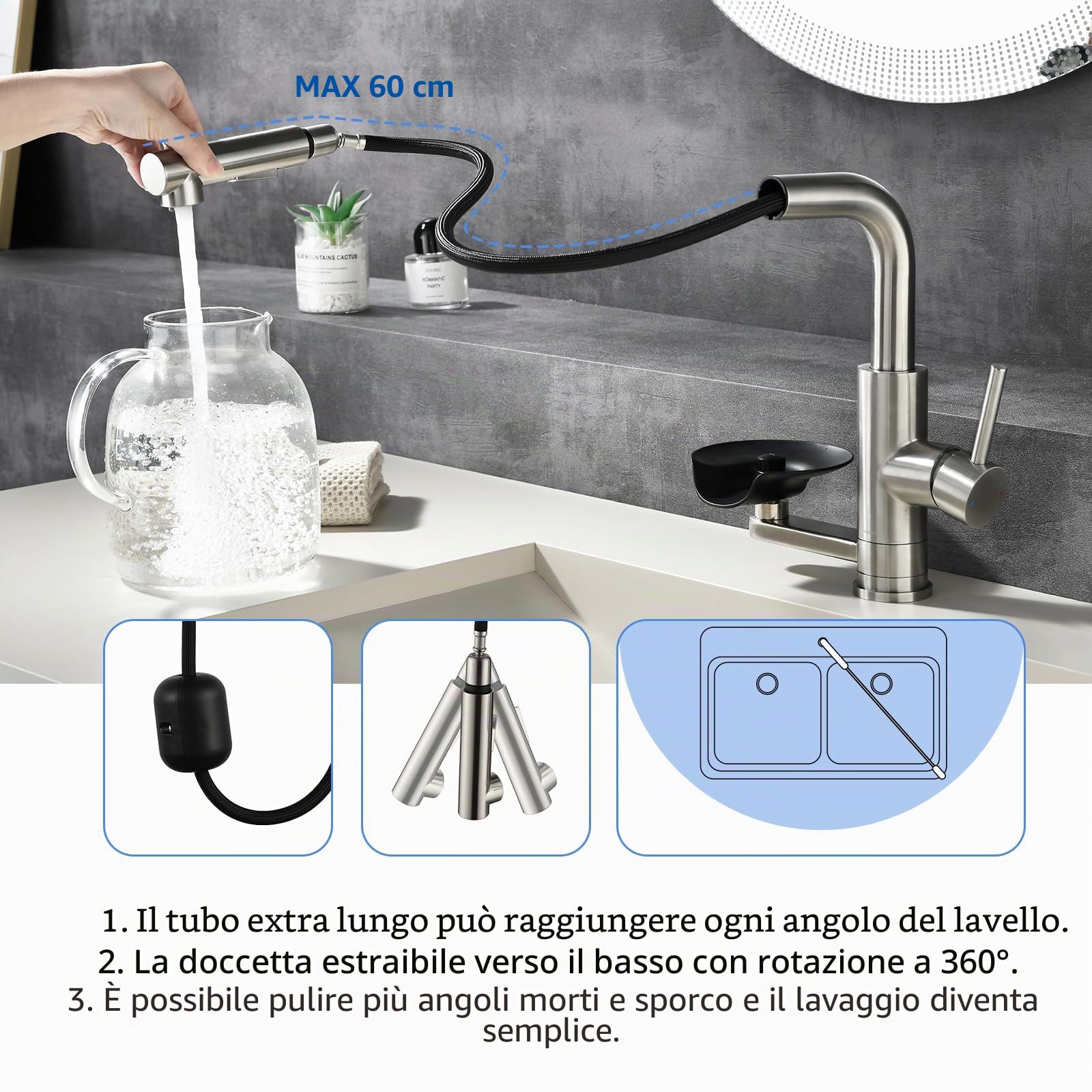 Rubinetto Bagno Lavabo Pulitazza LakeBayMZC,304 Acciaio inossidabile a 360° Estraibile, miscelatore lavabo bagno con 2 tipi di getto d'acqua, Adatto per Rubinetto lavabo, Rubinetti da cucina e bar