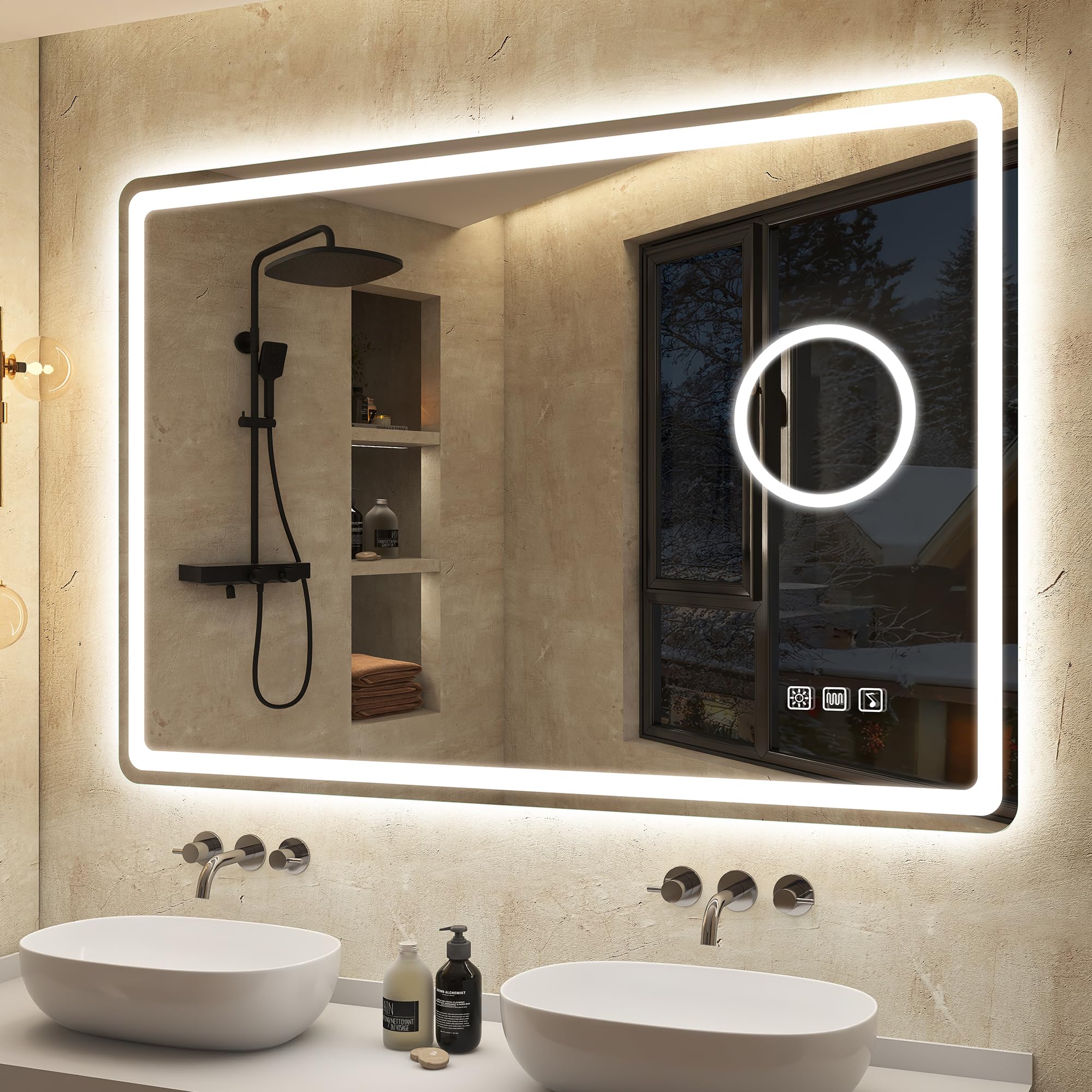 S'bagno Bluetooth Specchio Bagno con Luce Led 100x70cm, IP44 Specchio Bagno Led 5x Magnifier, Anti-Fog, 3000K-6500K, Dimmerabile, Memoria, Vetro Temperato HD, Specchiera Bagno Orizzontale/Verticale