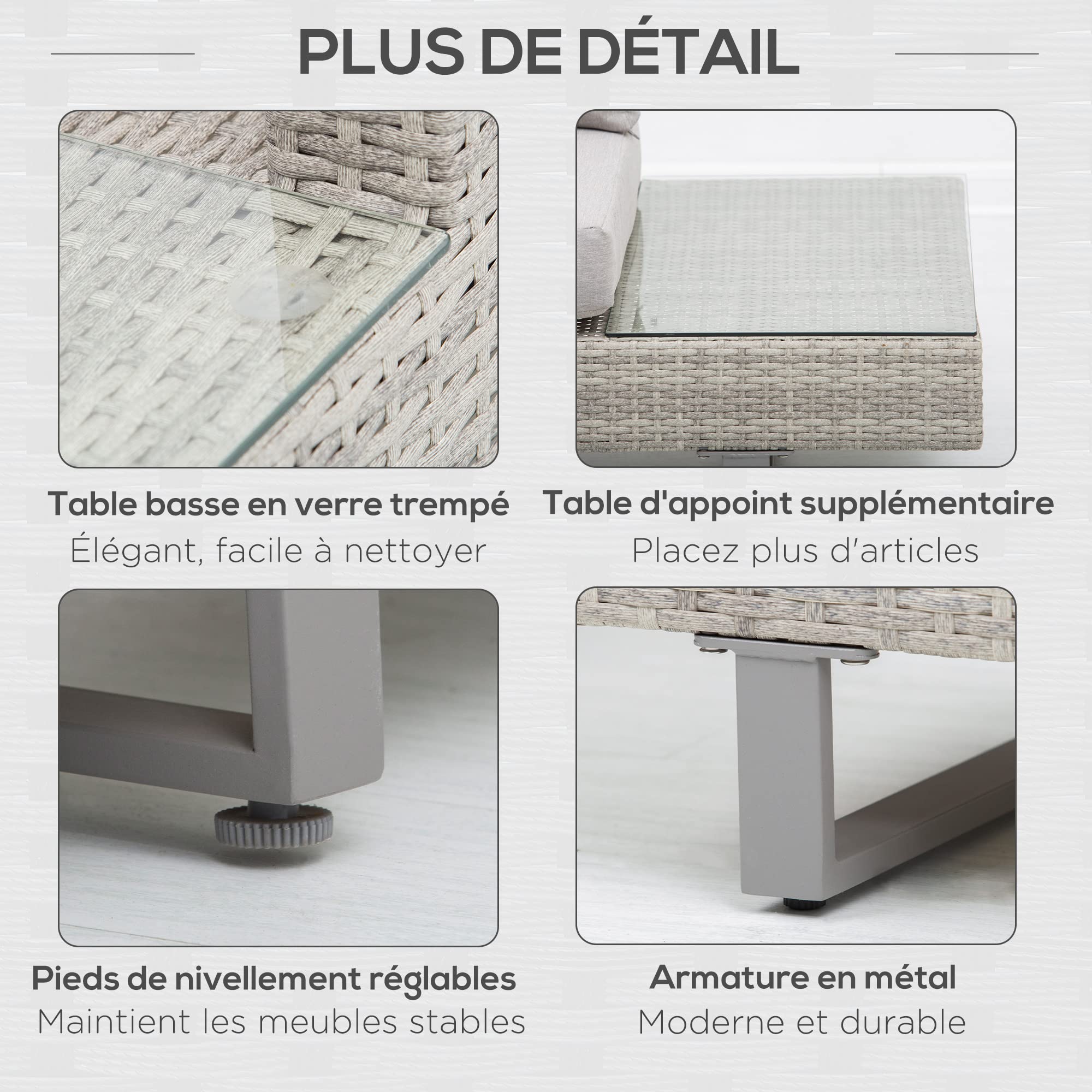 Outsunny Salon de Jardin extérieur d'angle 5 Places Design Contemporain Coussins déhoussables Table Basse Acier époxy résine tressée Grise