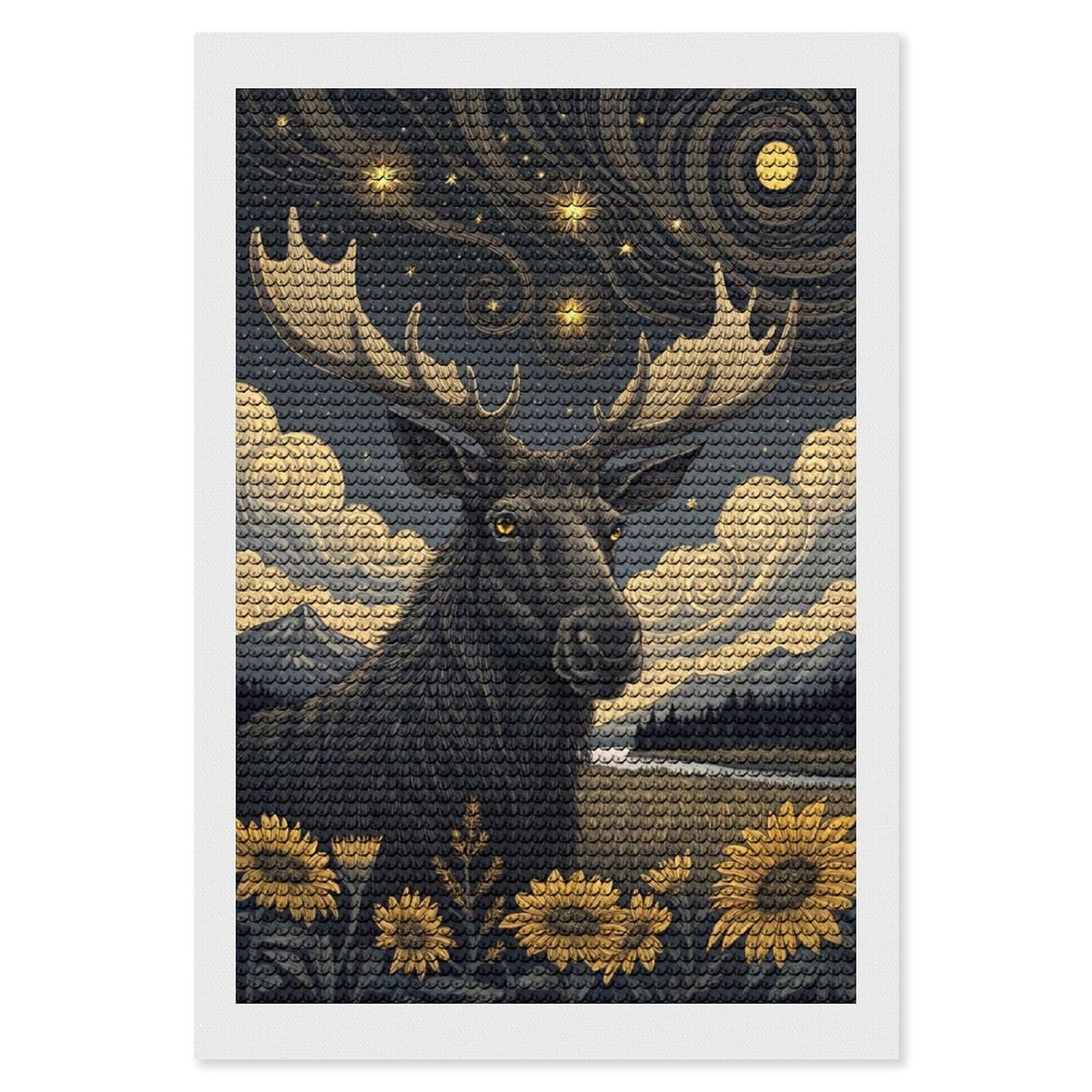 Junmoney Moose Under A Starry Sky Diamond Art Canvas 8"x12", Full Kit Included, Bedroom Decor, for Beginners, Thoughtful Handmade Gift