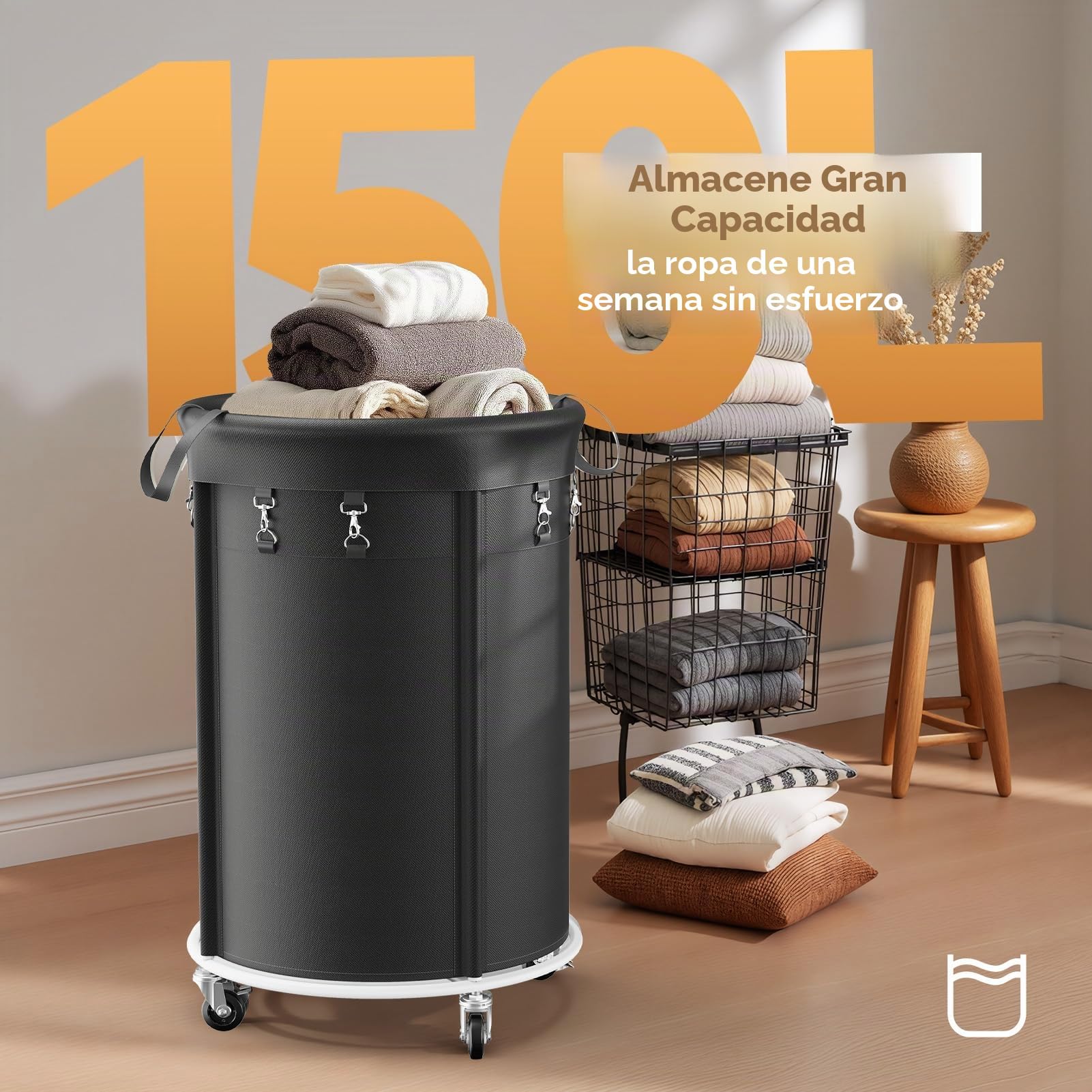 150L Cesto de Ropa Sucia con Ruedas, Cesto Redondo con Marco de Metal y Bolsa de Oxford Impermeable, Rueda Silenciosa con Freno, Cesta de Lavandería para Dormitorio, Baño, Lavadero, Negro