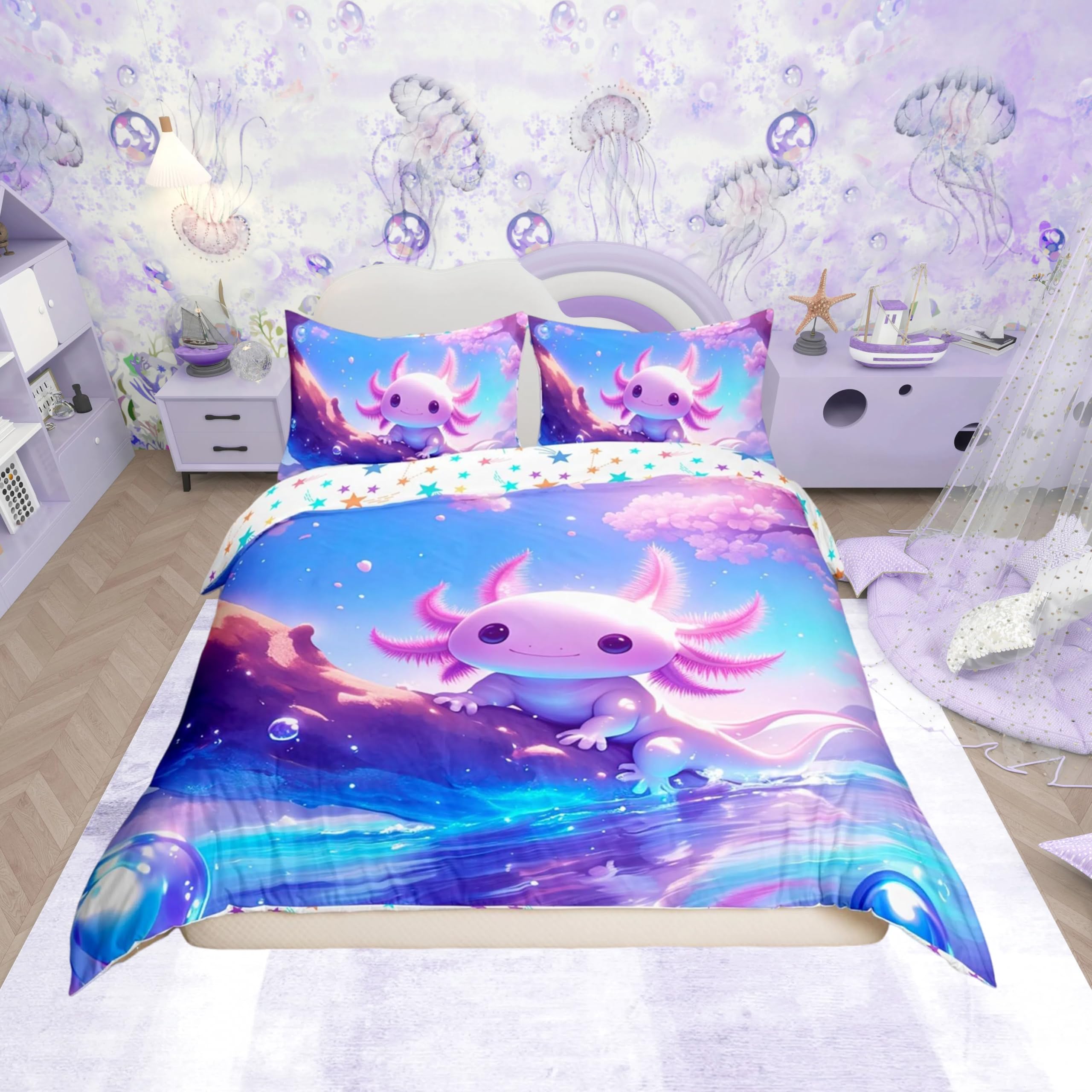 Homemissing Kids Cute Axolotl Bedding Set Single Size Cartoon Salamander Comforter Cover Set for Boys Girls Kawaii Ocean Sealife Duvet Cover Bedspread Cover Room Decor Quilt Cover,No Stuffing