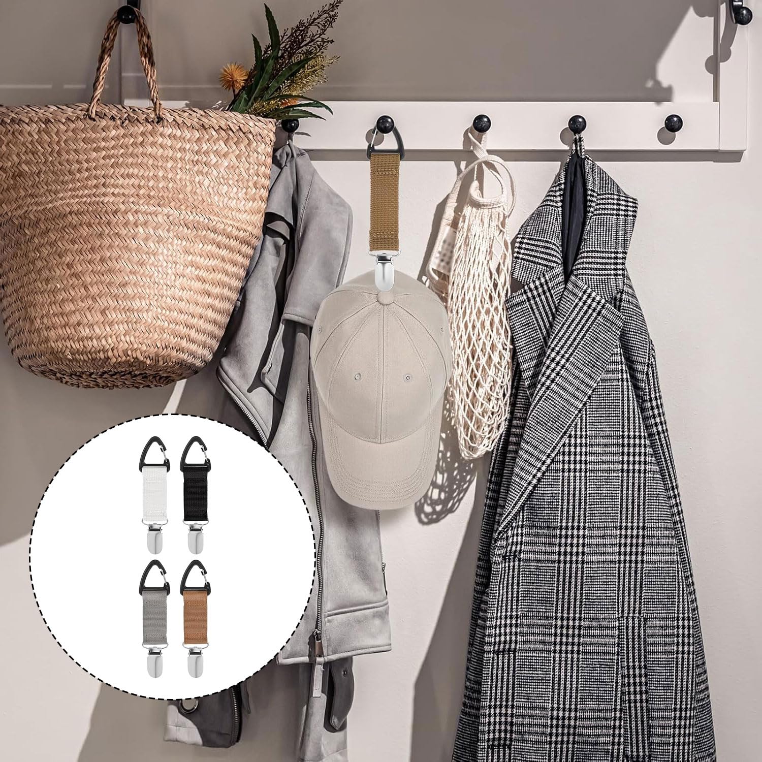 4 Piezas Clips de Sombrero de Viaje Portátil para Bolsa de Lona y Mochila,Multifuncional con Elástico para Sombrero y Bufanda,Accesorios de Viaje al Aire Libre Manos Libres para Hombres y Mujeres
