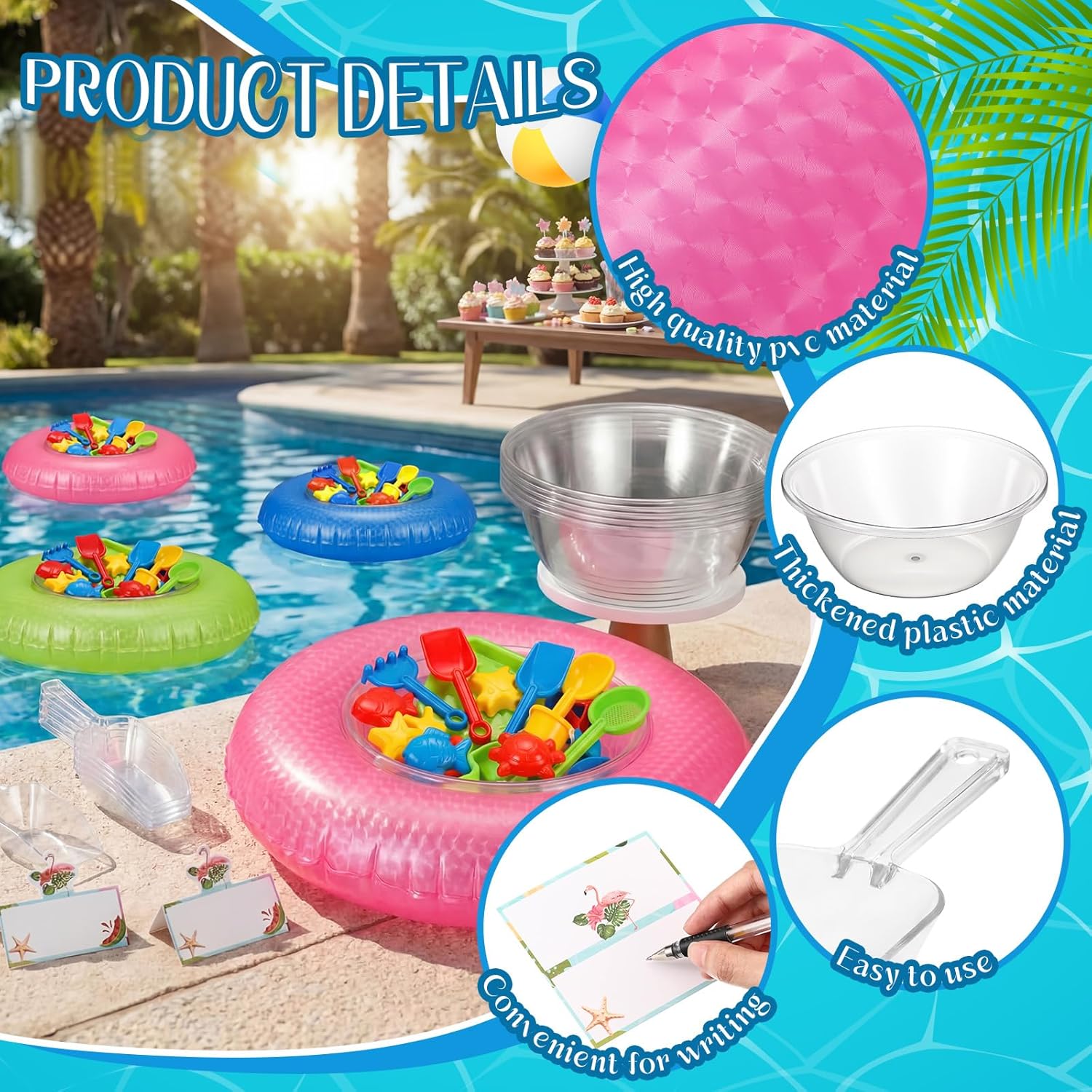 24 Pcs Drink Containers Set Include Inflatable Swimming Pool Rings Serving Buffet Bar, Plastic Scoopers, Clear Bowls and Place Cards for Pool Party Decorations Summer Party Supplies
