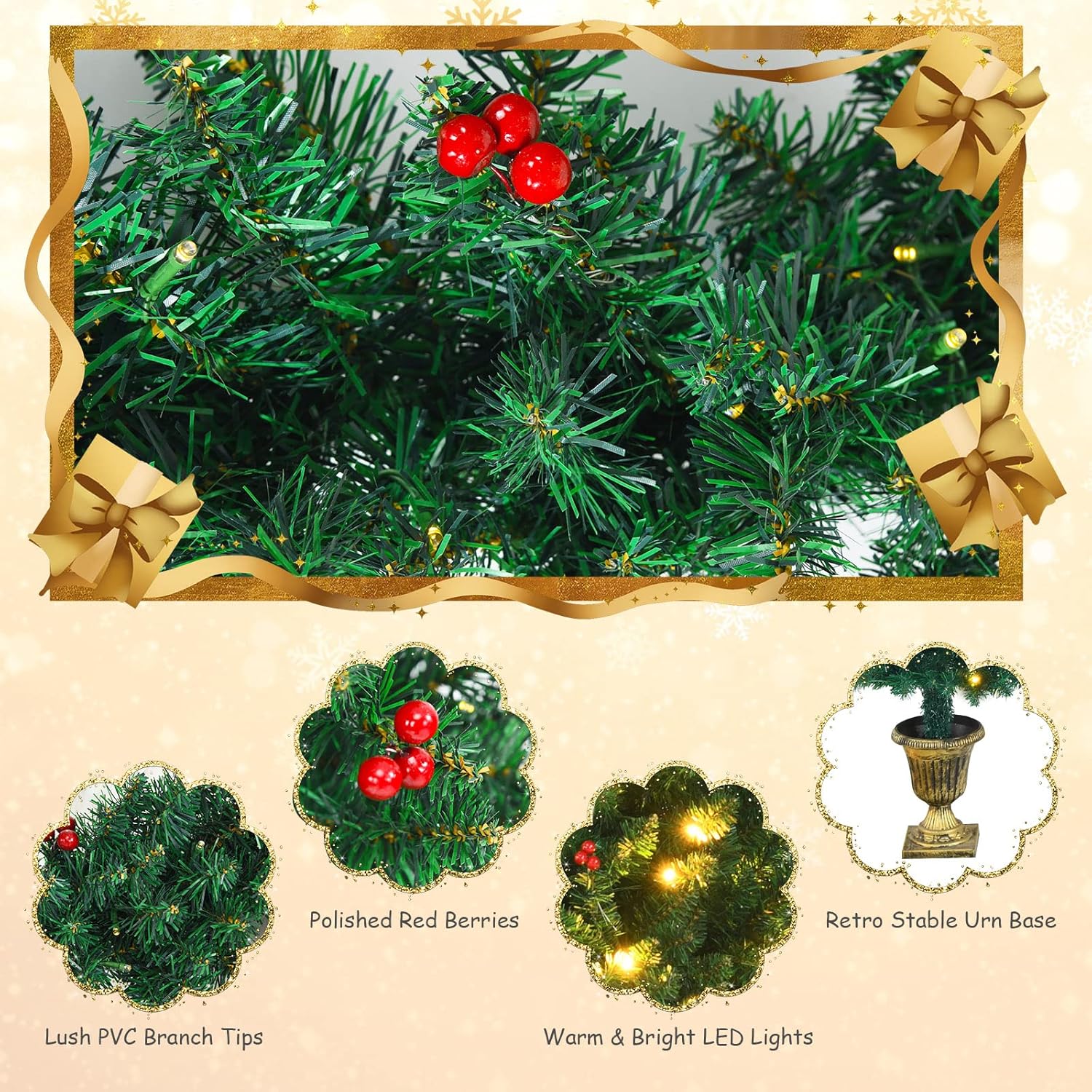 Happygrill Pre-Lit Holiday Christmas 4-Piece Set, Wreath, Garland & Pack of 2 Entrance Trees W/ 200 LED Lights & Red Berries, Waterproof Timer Switch, PVC Festival Celebration Set in Home, Bar