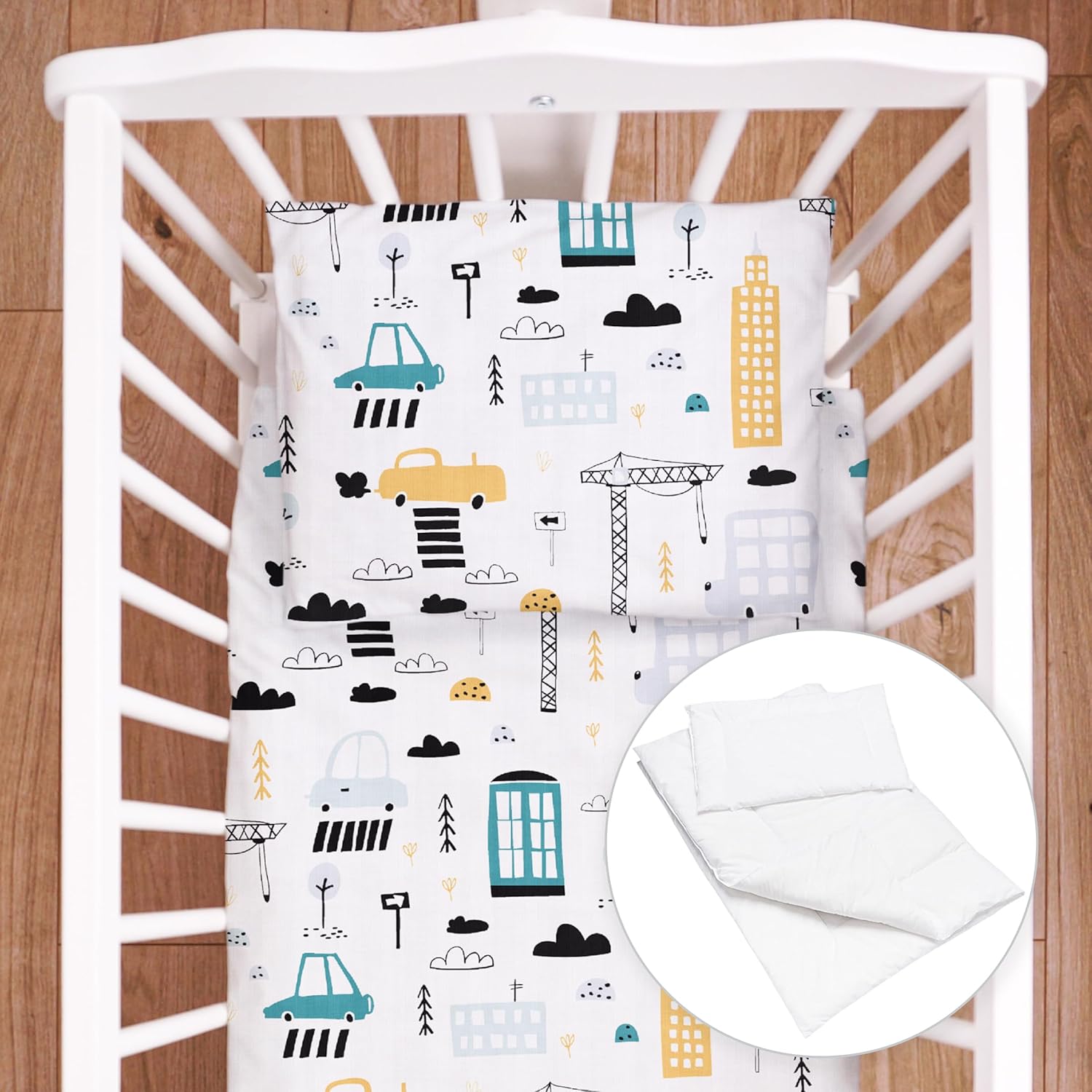 4 Piece Duvet Pillow Duvet Cover Pillowcase Baby 80×70 cm Bedding Set for Crib Bedside Crib or Travel Cot (City)