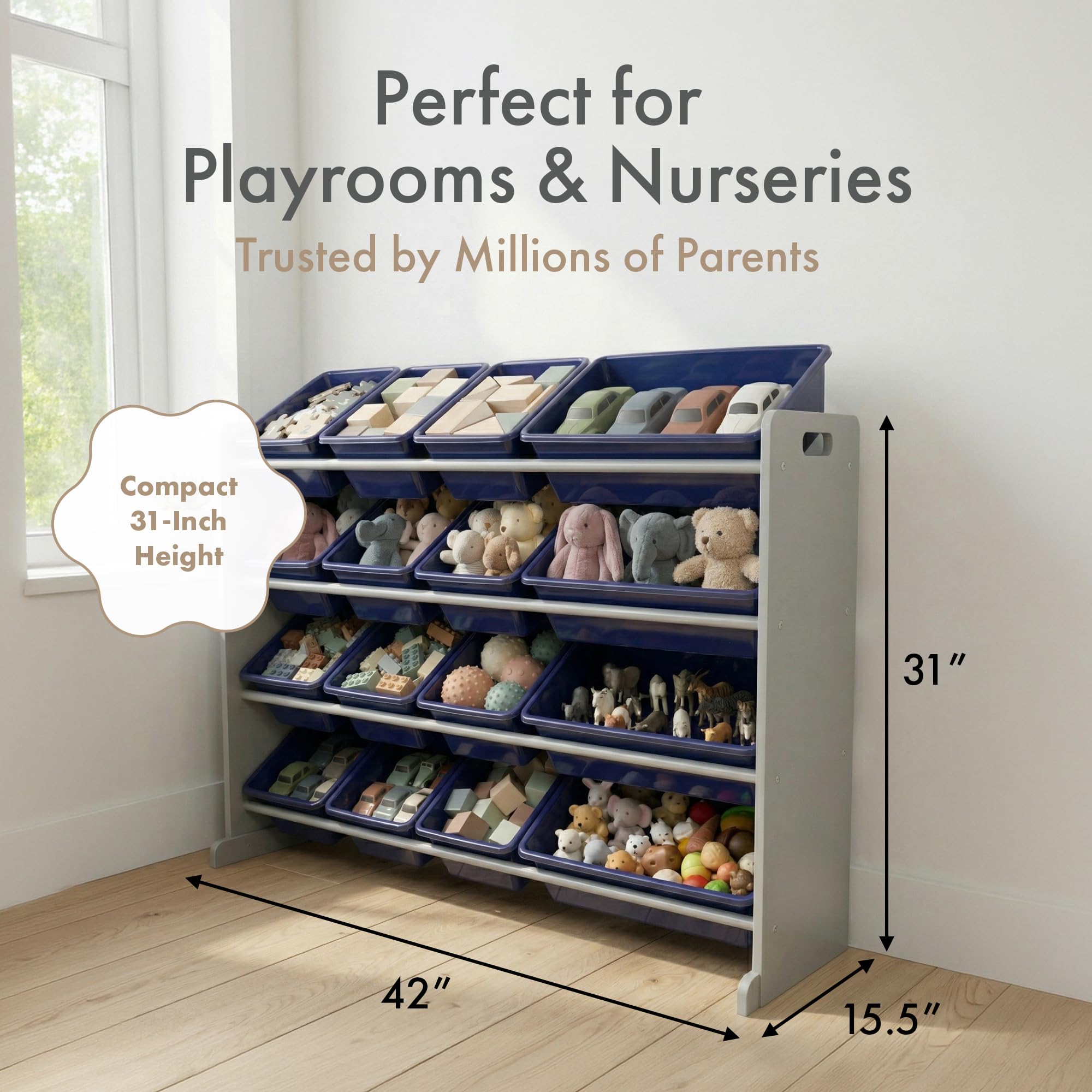 Humble Crew Organizer per giocattoli di grandi dimensioni con 16 contenitori rimovibili, grigio/blu navy, grande contenitore per giocattoli per bambini, ideale per camerette, stanze dei giochi e asili