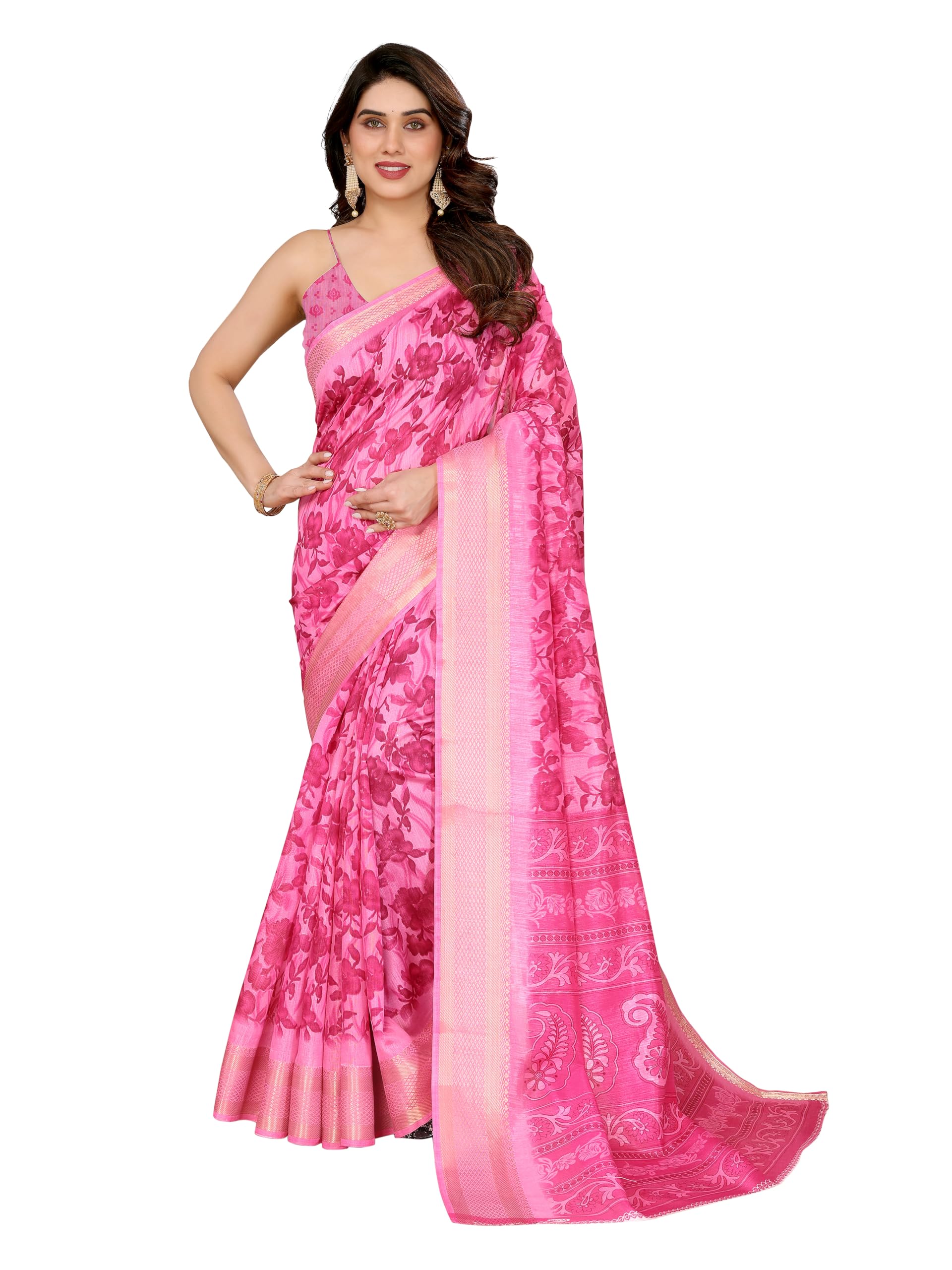 hema silk mills Women's Pink Floral Printed Cotton Silk Saree - Festival Wear Kaveri_Rose_Pink-picture-39