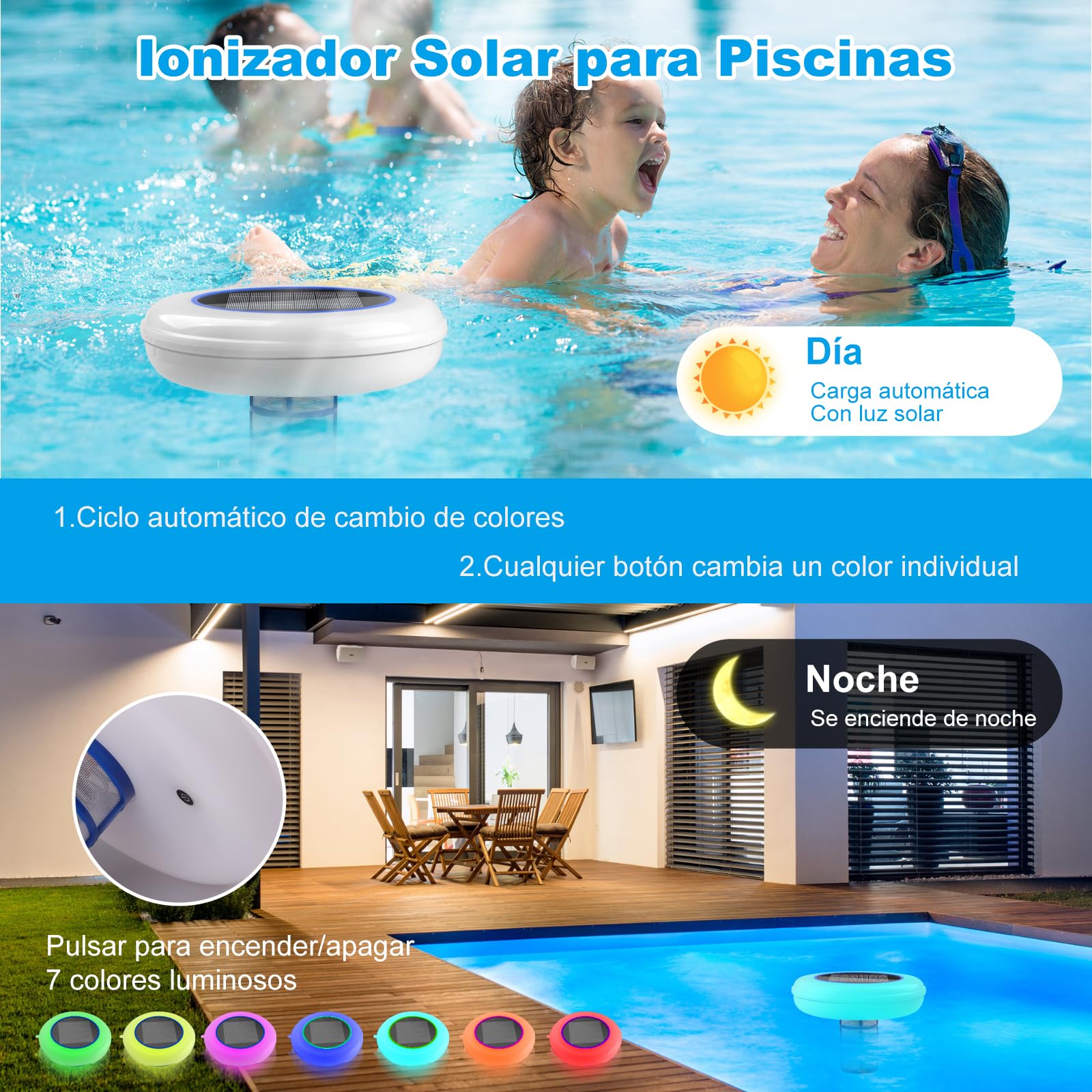Ionizador Solar para Piscina con Iluminación LED – Purificador de Agua por Iones de Cobre y Plata – 22000 GAL Sin Cloro, IP68 Solar Limpiador Ionizador para Piscina, Fuente, SPA