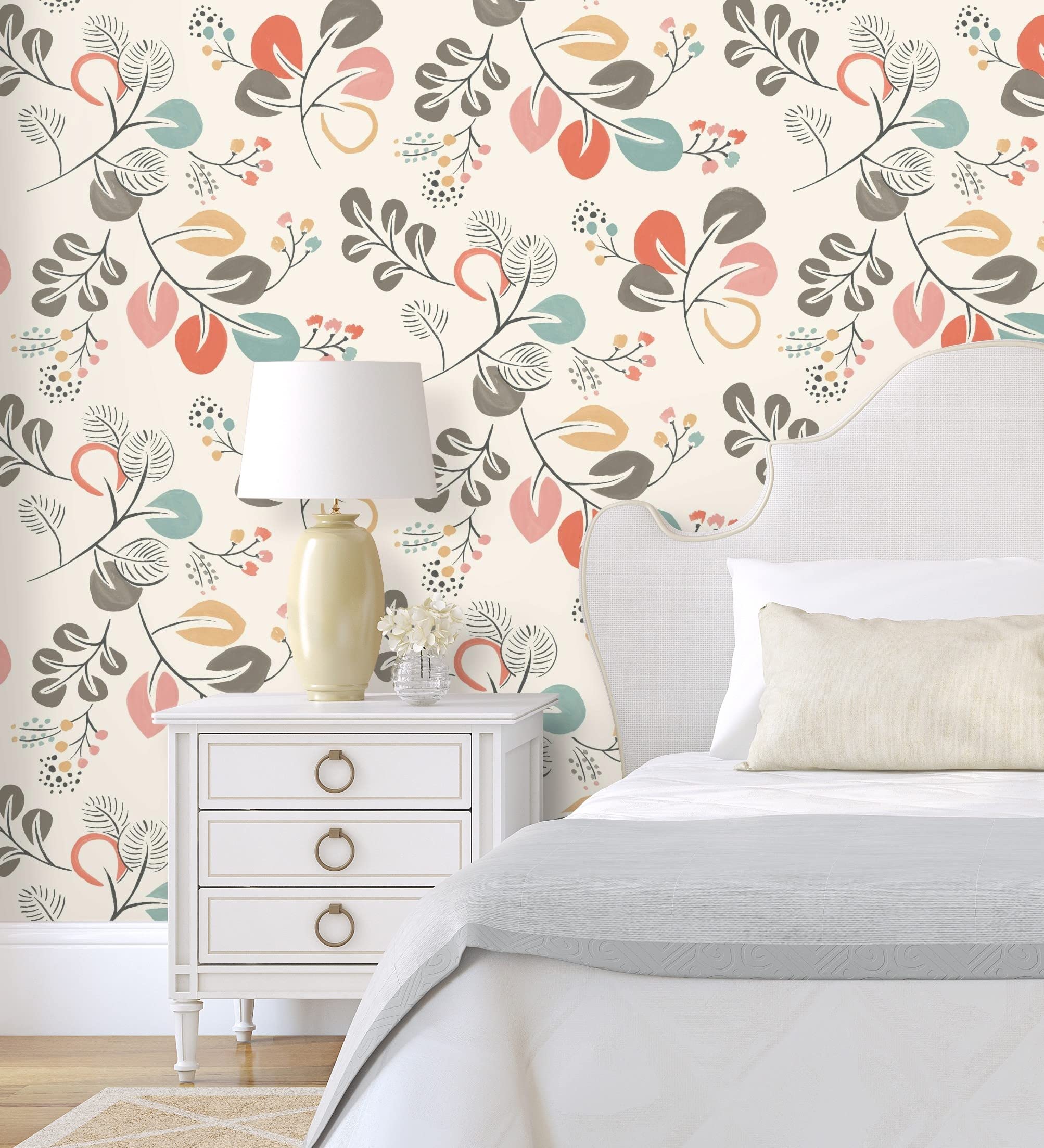 GAULAN 679414 - Papel pintado vinílico ecológico de hojas de estilo nórdico tonos coral para pared salón cocina baño dormitorio mueble - Rollo de 10 m x 0,53 m