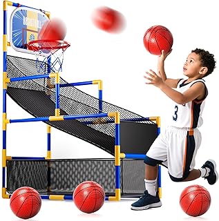 Kids Arcade Basketball Game Set with 4 Balls and Air Pump, Indoor Outdoor Basketball Hoop Sports Toy Gifts for Kids Boys Girls 3-12 Years Old, Ideal for Competition and Carnival Party Games