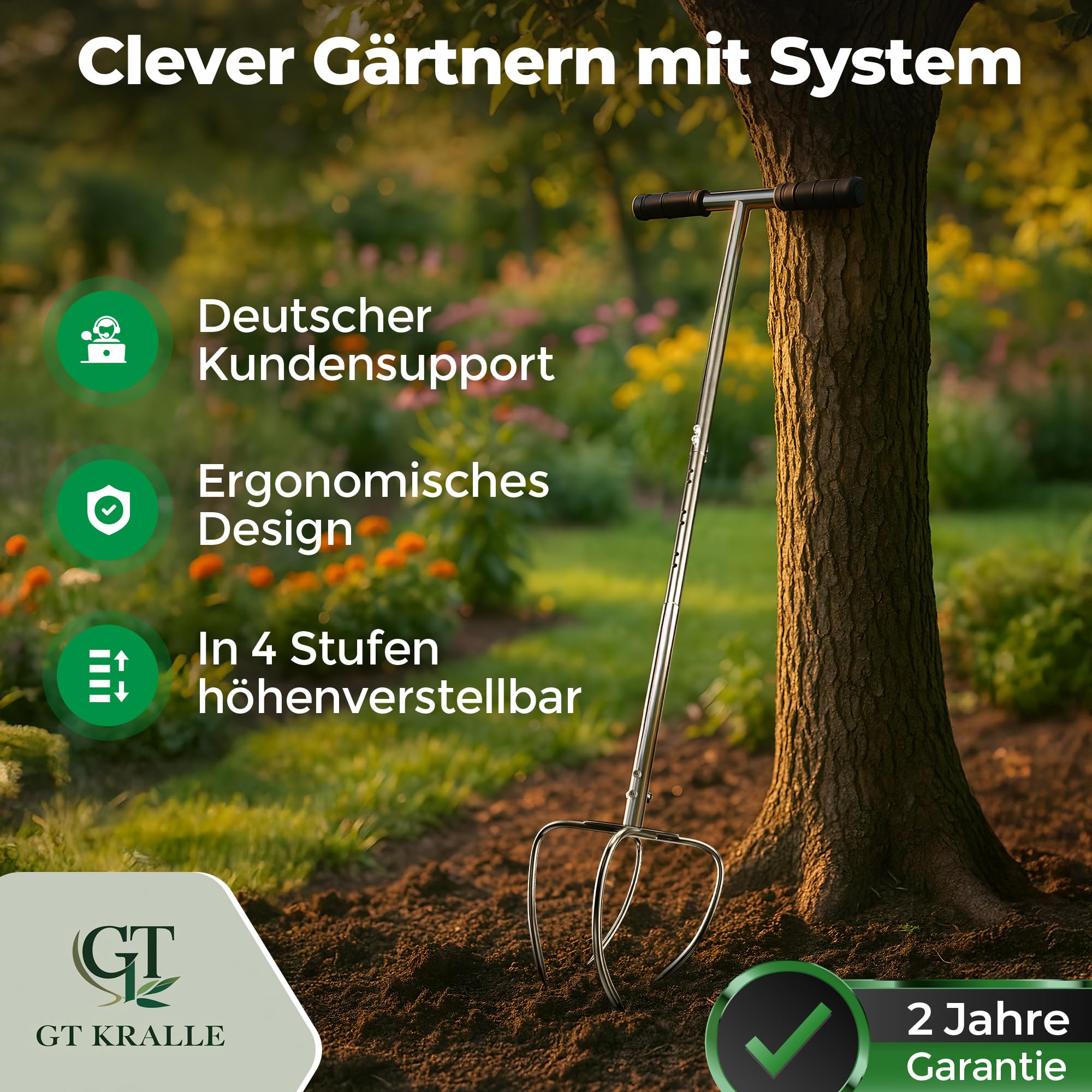 Garra de jardín con mango ajustable en altura y ergonómico | Extractor de malezas de acero inoxidable para jardinería | GT Kralle