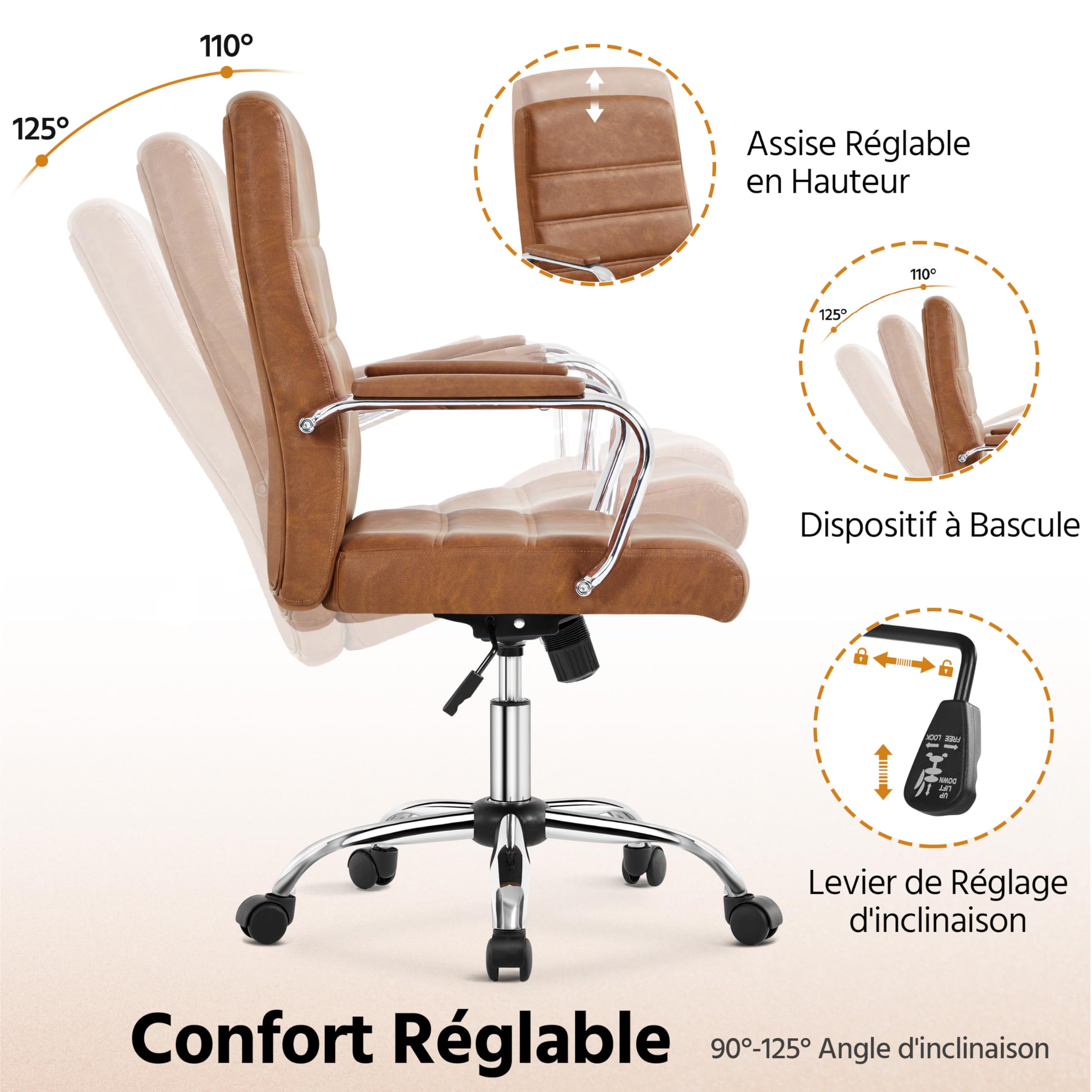 Yaheetech Fauteuil de Bureau Similicuir Chaise de Bureau Erconomique Hauteur Réglable Inclinable avec Dossier Rembourré Brun Rustique