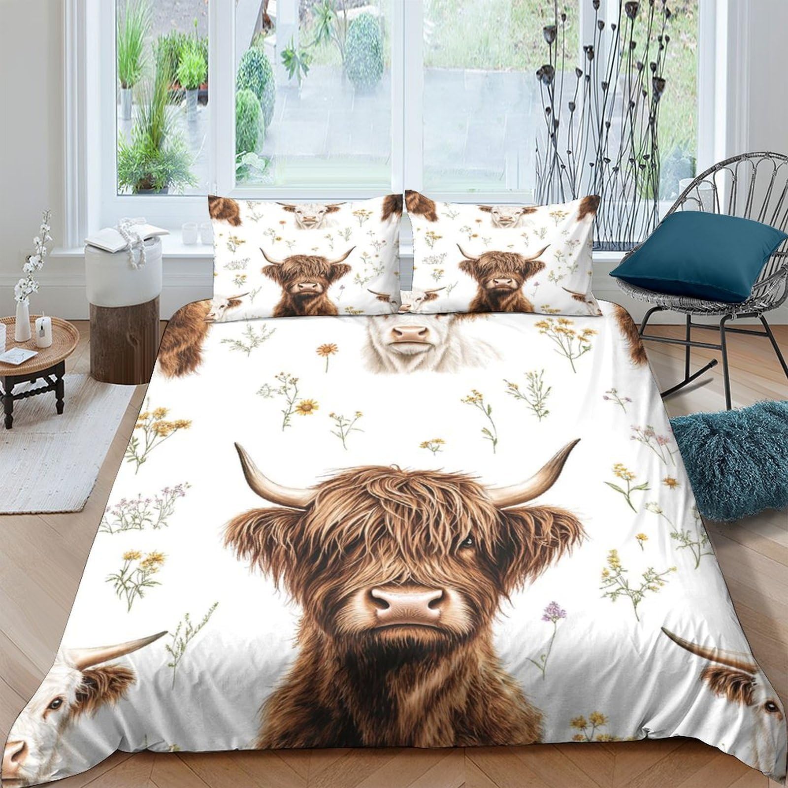 Ctjqhvkz Style-3 3D Printed Highland Cow Fitted Sheet Microfiber Soft Anti-Slip Mattress Cover Wildflower Art Bed Decor Single（135X200cm）