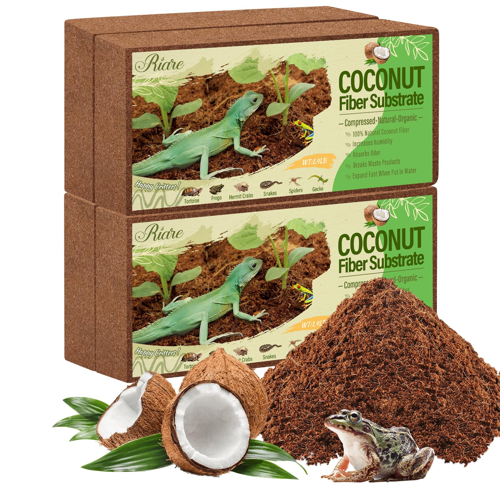 Riare Natural Coconut Fiber Substrate for Reptile- Premium Compressed Coconut Husk Terrarium Bedding for Reptile, Tortoise, Frogs, Snakes Hermit Crabs, Burrowing Animals(4 Pack)