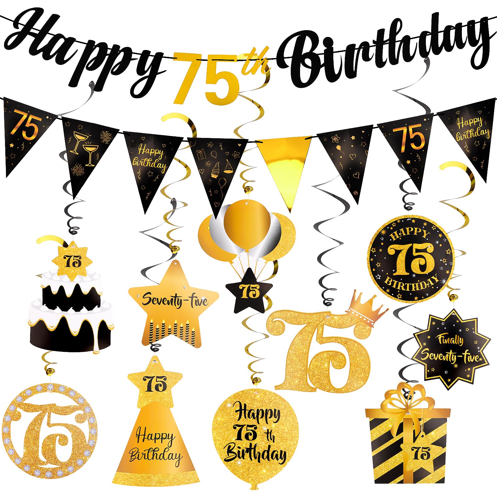 75th Birthday Decorations Set - 75th Birthday Decorations Men Happy 75th Birthday Banner Triangle Flag Hanging Swirls Streamers for Women Men Birthday Party Decorations Supplies, Black and Gold