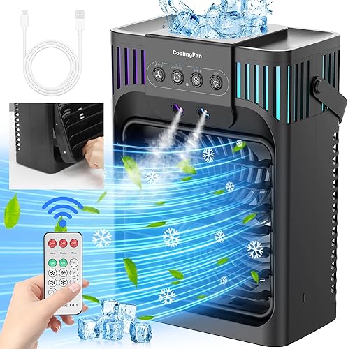 Aire acondicionado portátil, ventilador de refrigeración de 40.6 fl oz con control remoto, 3 velocidades de viento y 7 luces LED, 3 niebla fría y