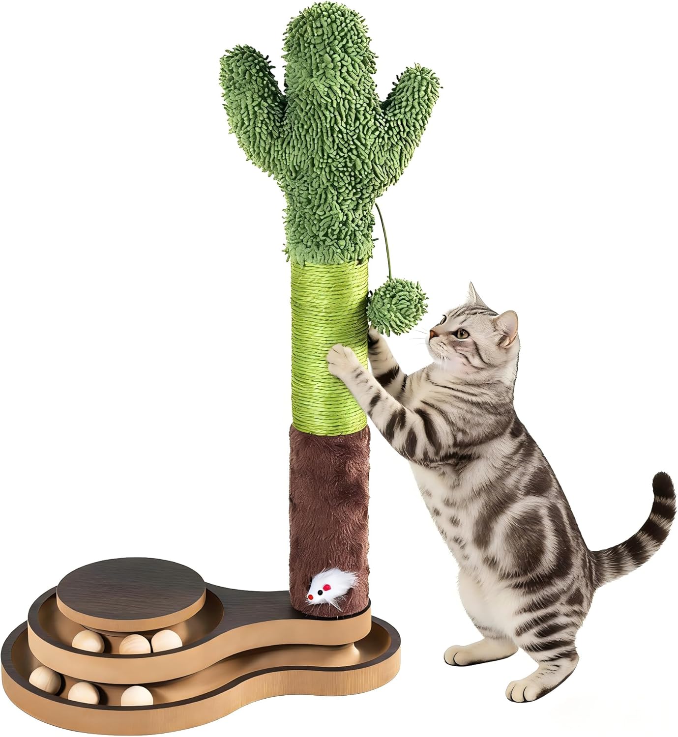 Cat Toys Cactus Cat Scratching Post, Natural Sisal Scratcher with Interactive Track Ball & Hanging Toys, Stable Anti-Tip Base Multi-Functional Cat Toy for Multi-Cat Households & Indoor Cats