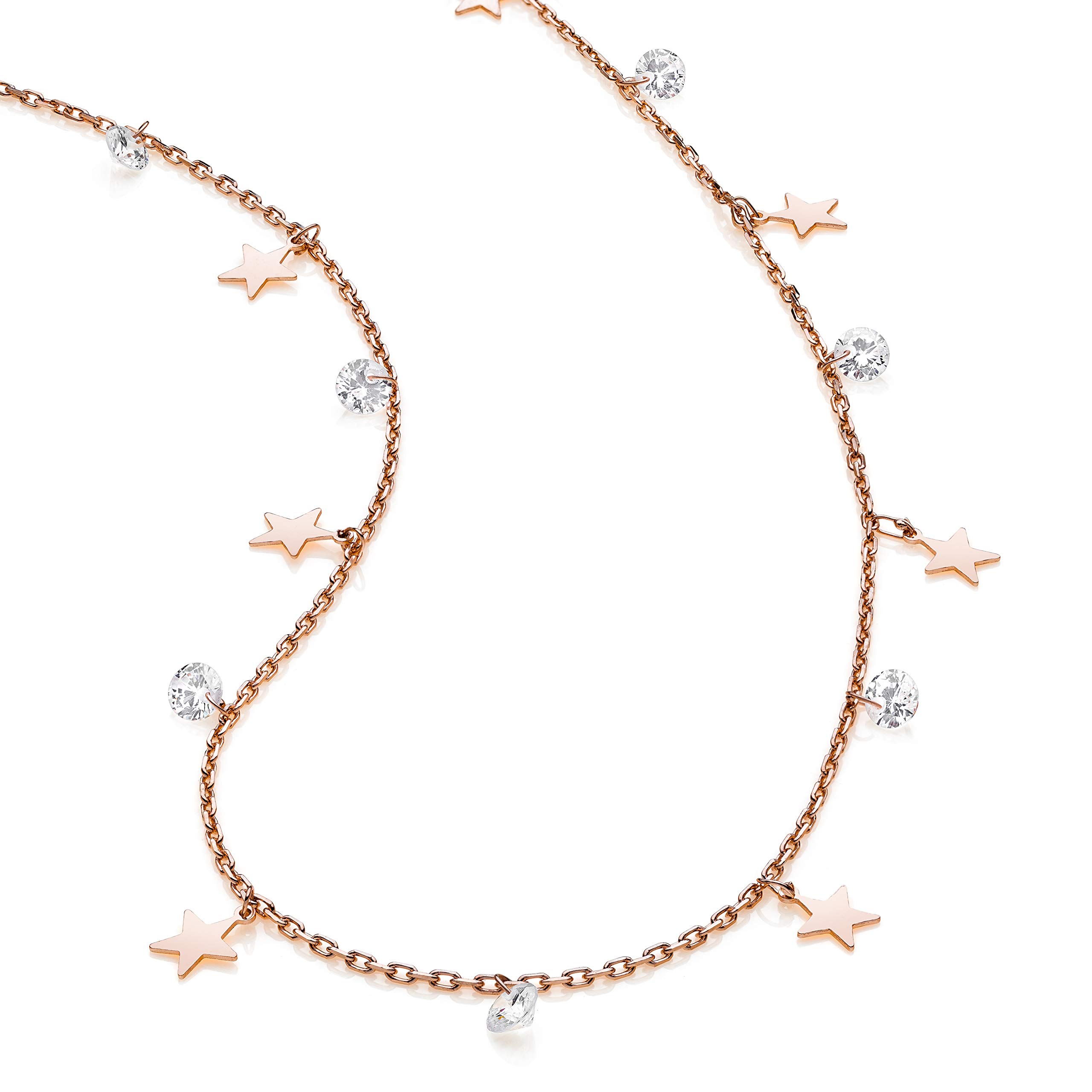Aka Gioielli® - Collana Girocollo Donna Argento 925 Oro Rosa con Stelline e Piccole Pietre, Delicata Collana per Ragazza
