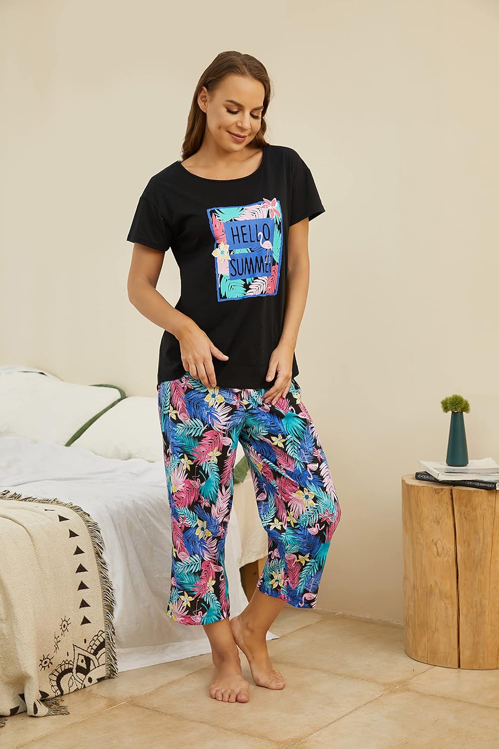 PNAEONG Women Pajama Set Sleepwear Tops with Capri Pants Casual and Fun Prints Pajama Sets - Image 2