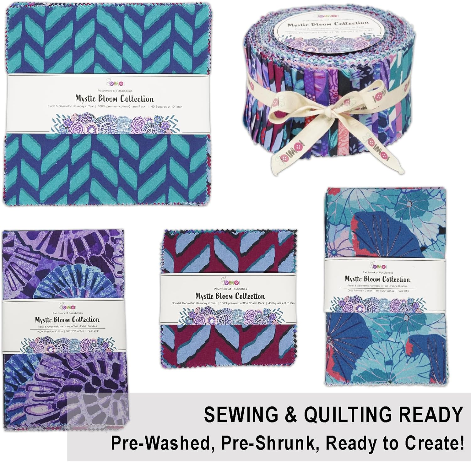 Soimoi 9Pcs Cotton Fabric Bundles 18 x 22 Inch, Quilting Patchwork Squares Sewing Fabrics for DIY Handmade Crafting Home Decor, Fat Quarters Fabric Pre-Cut Quilt Squares - Mystic Bloom Collection
