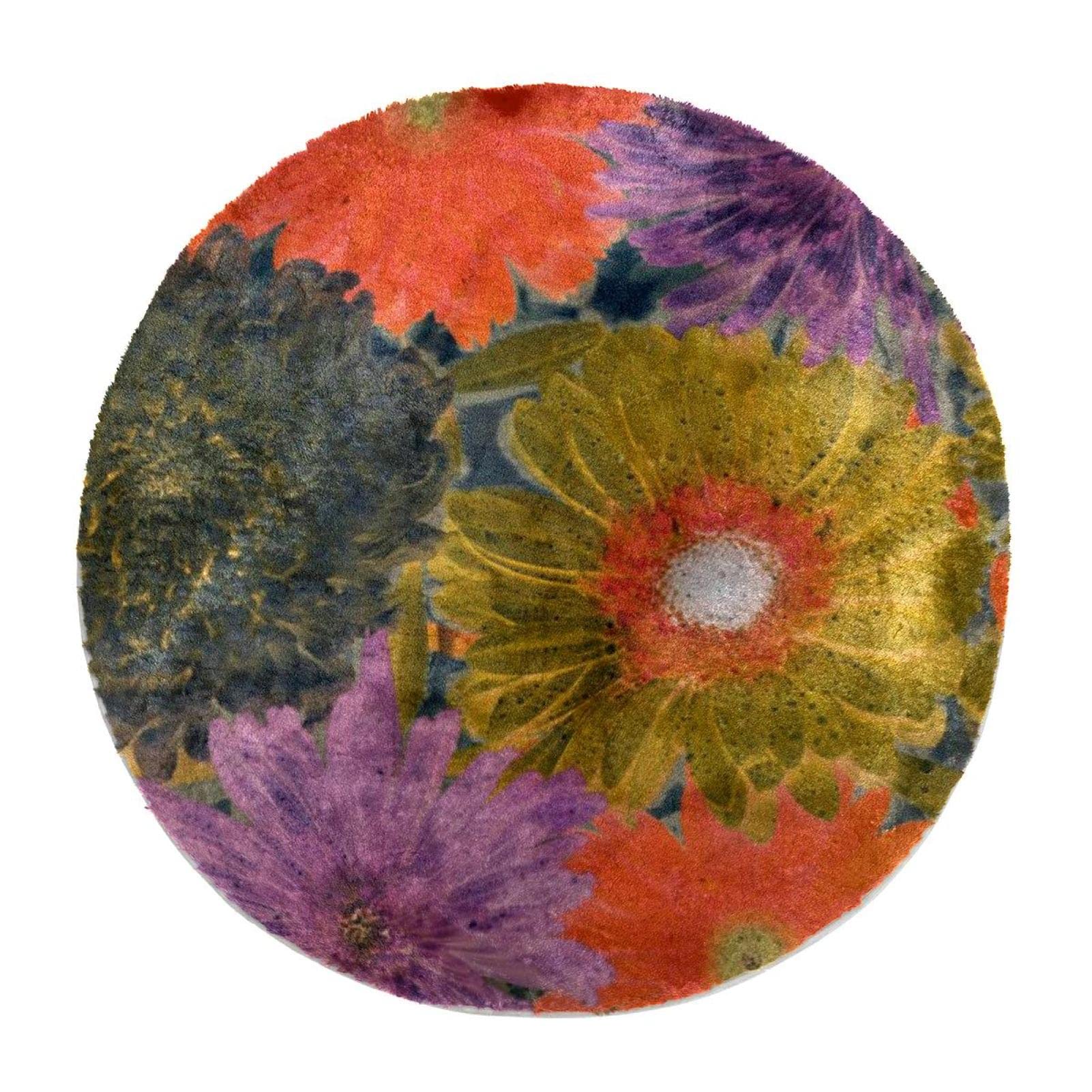 Tapis de dortoir motif chrysanthème vintage rond anti-glisse en fourrure