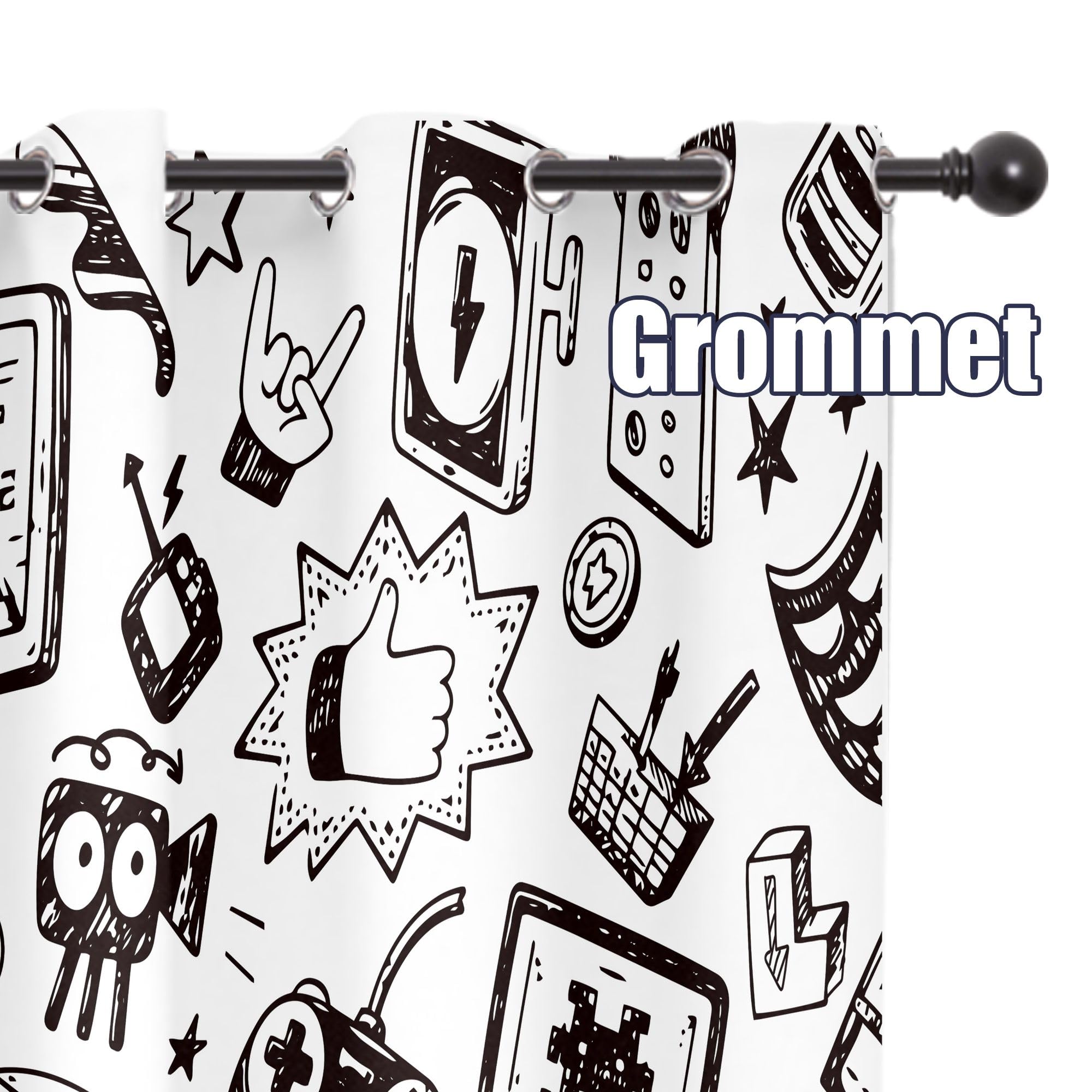 Lot de 2 Rideaux occultants à Motif Jeux vidéo pour Enfants, 73 cm de Large x 160 cm de Long, Noir et Blanc, décoration de Chambre à Coucher, pour Salon, Salle de Jeux vidéo
