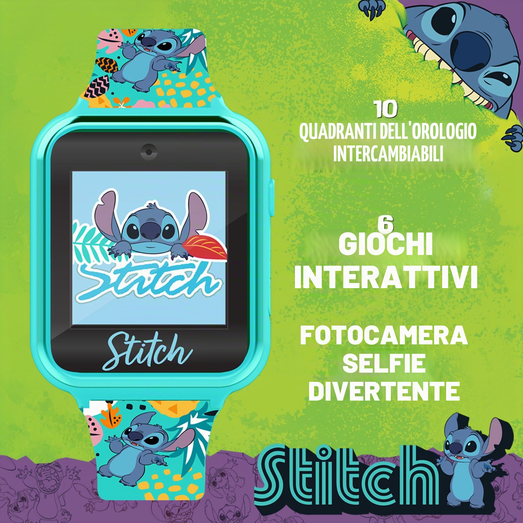 Disney Stitch Interactive Kids Smart Watch - Divertente apprendimento con 10 quadranti, giochi, contapassi e fotocamera, turchese, 40 mm, moderno