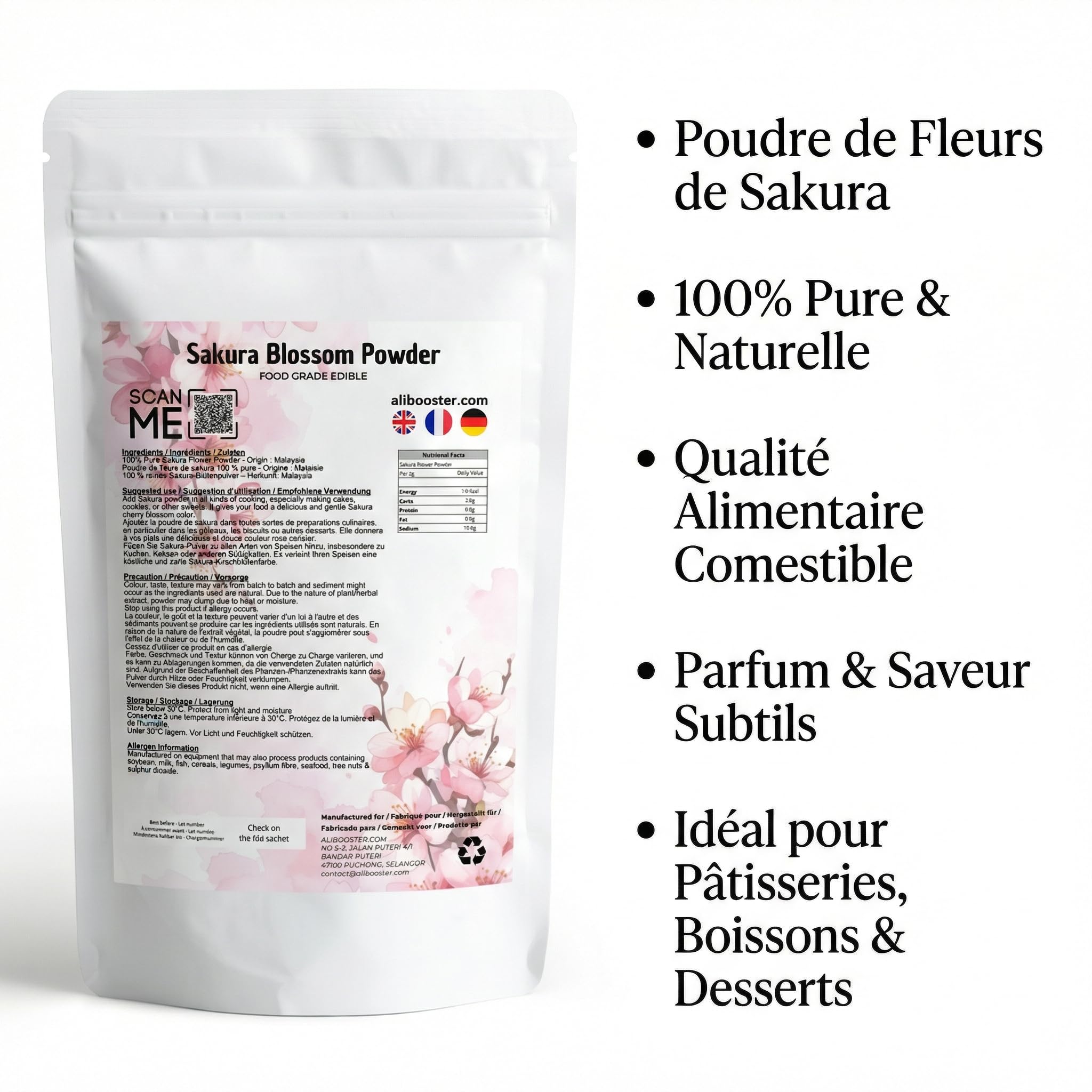Poudre de Sakura Blossom 250 g - Fleur de Cerisier en Poudre - Qualité Alimentaire - Ingrédient Naturel pour Pâtisserie, Boissons et Desserts Japonais
