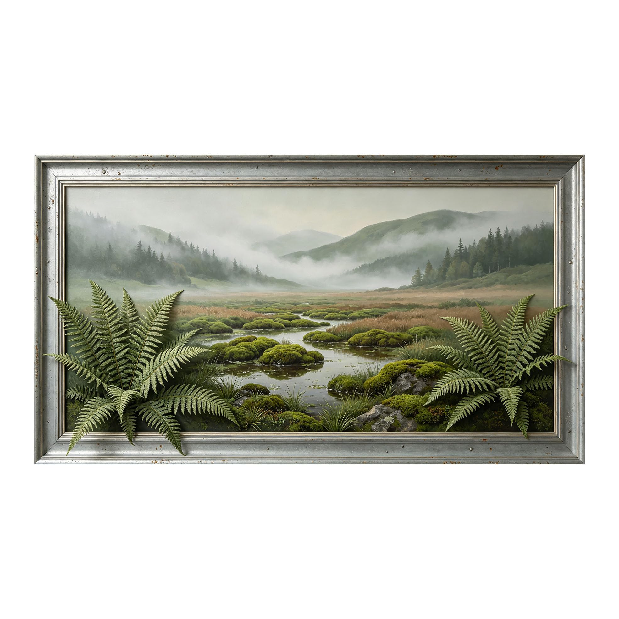 Yzpallescene 3D Framed Wall Art 50cm×100cm Misty Mountain Wetland Botanical Oil Painting Large Size SelfAdhesive Removable Wall Decor Prints Artwork for Living Room Bedroom Office