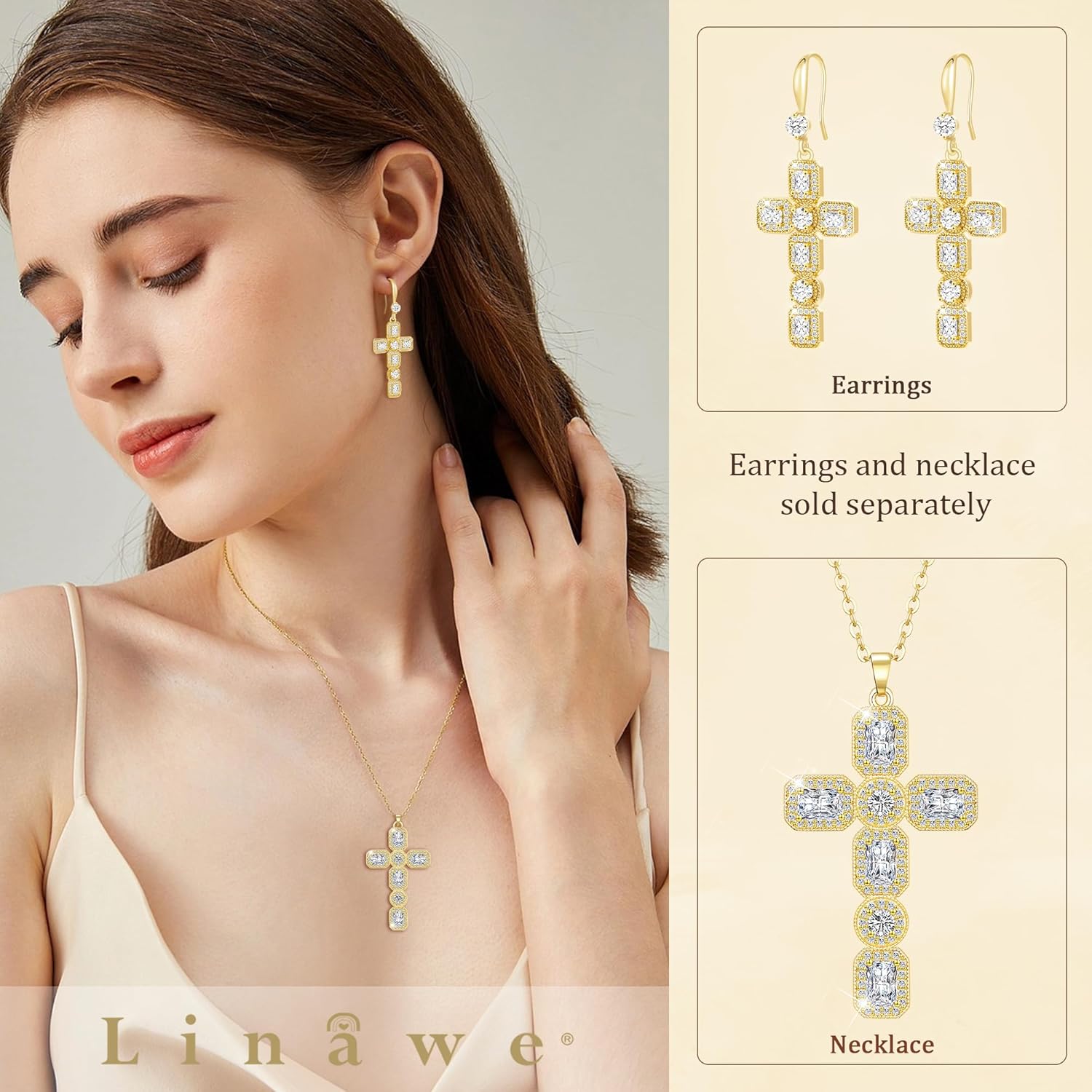 Linawe Cross Necklace for Women, Gold/Silver Jewelry Cross Charm Chain Necklaces, Moissanite Crystal Birthstone Cubic Zirconia Rhinestone Necklace, Religious Gifts - Image 3