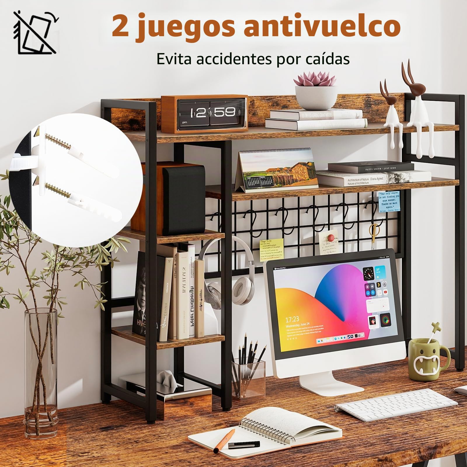 HOMASIS Estantería de Escritorio De 4 Niveles con 6 Ganchos Y Rejilla, Estantería de Madera y Metal, Organizador de Mesa con Bloqueo Antivuelco para, 94 x 25 x 73,5 cm (Marrón)
